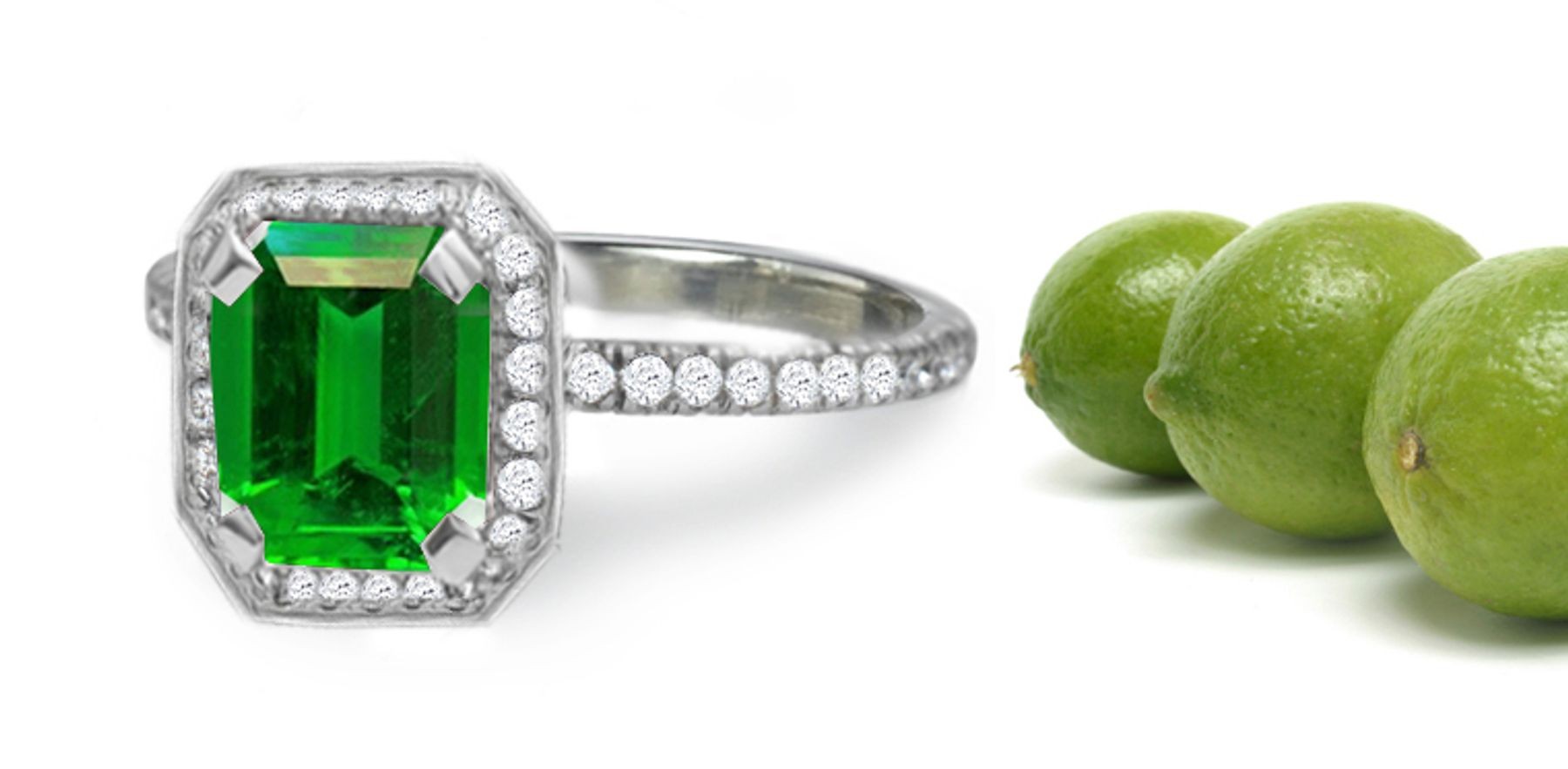 This Gold & Long Lines of Emerald Cut Emerald & Round Diamond Halo Emit Radiance Brilliantly
