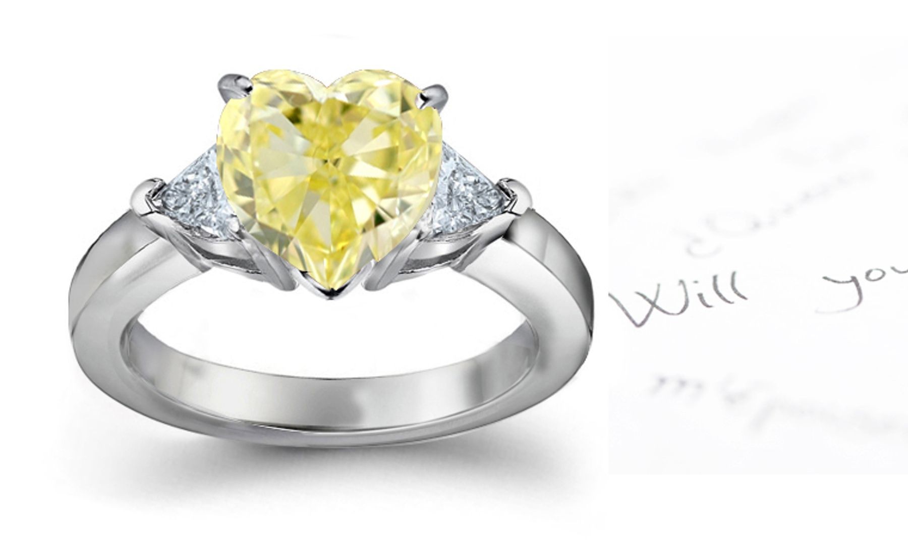 Center Heart Yellow Diamond & Pair of Trillion Engagement Ring Create Twin-Tone Sparkle To Fine Diamond Jewelry