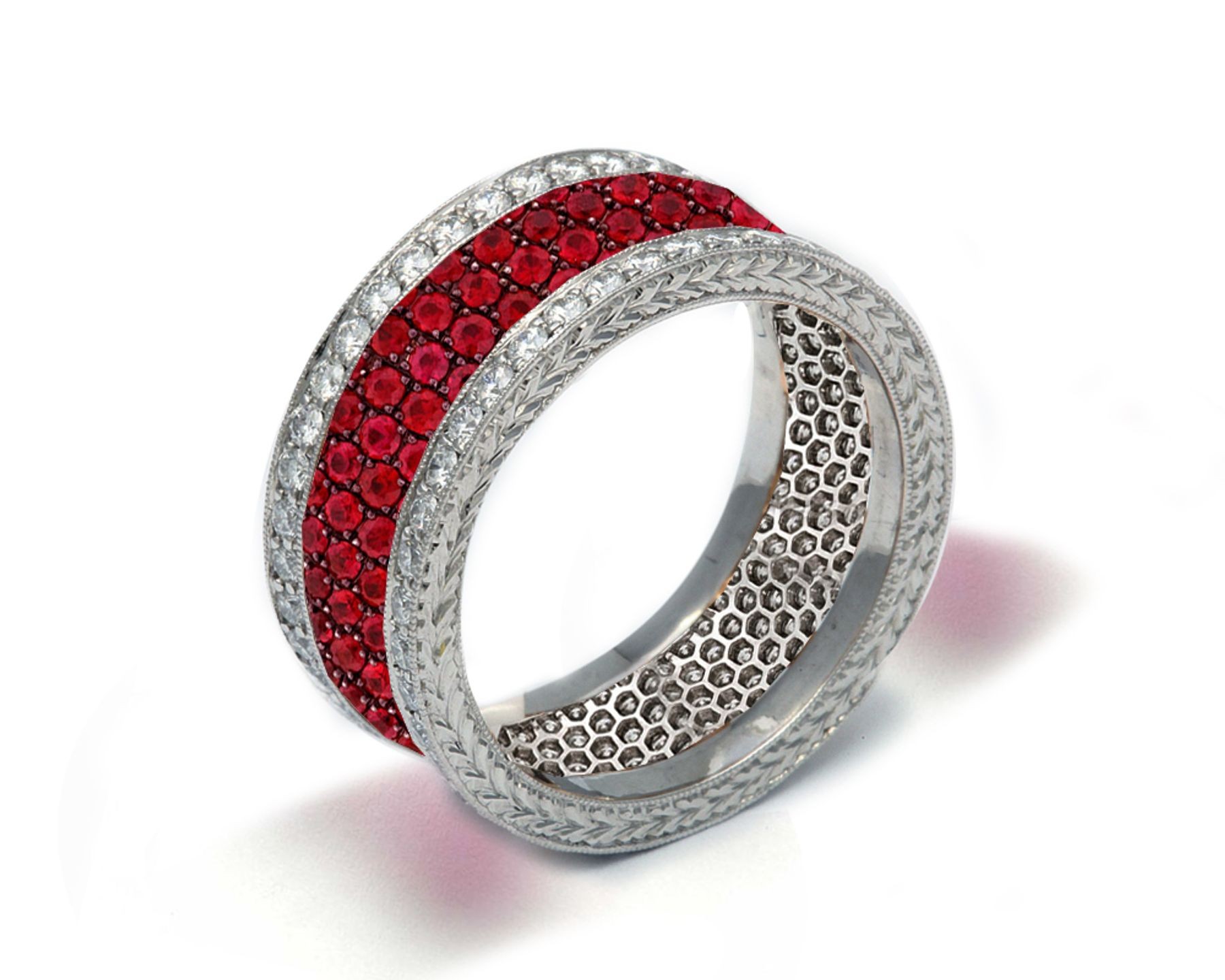 Delicate Women's Eternity Rings Featuring Fiery Red Rubies & Diamonds in Halo Precision Micro pave Settings