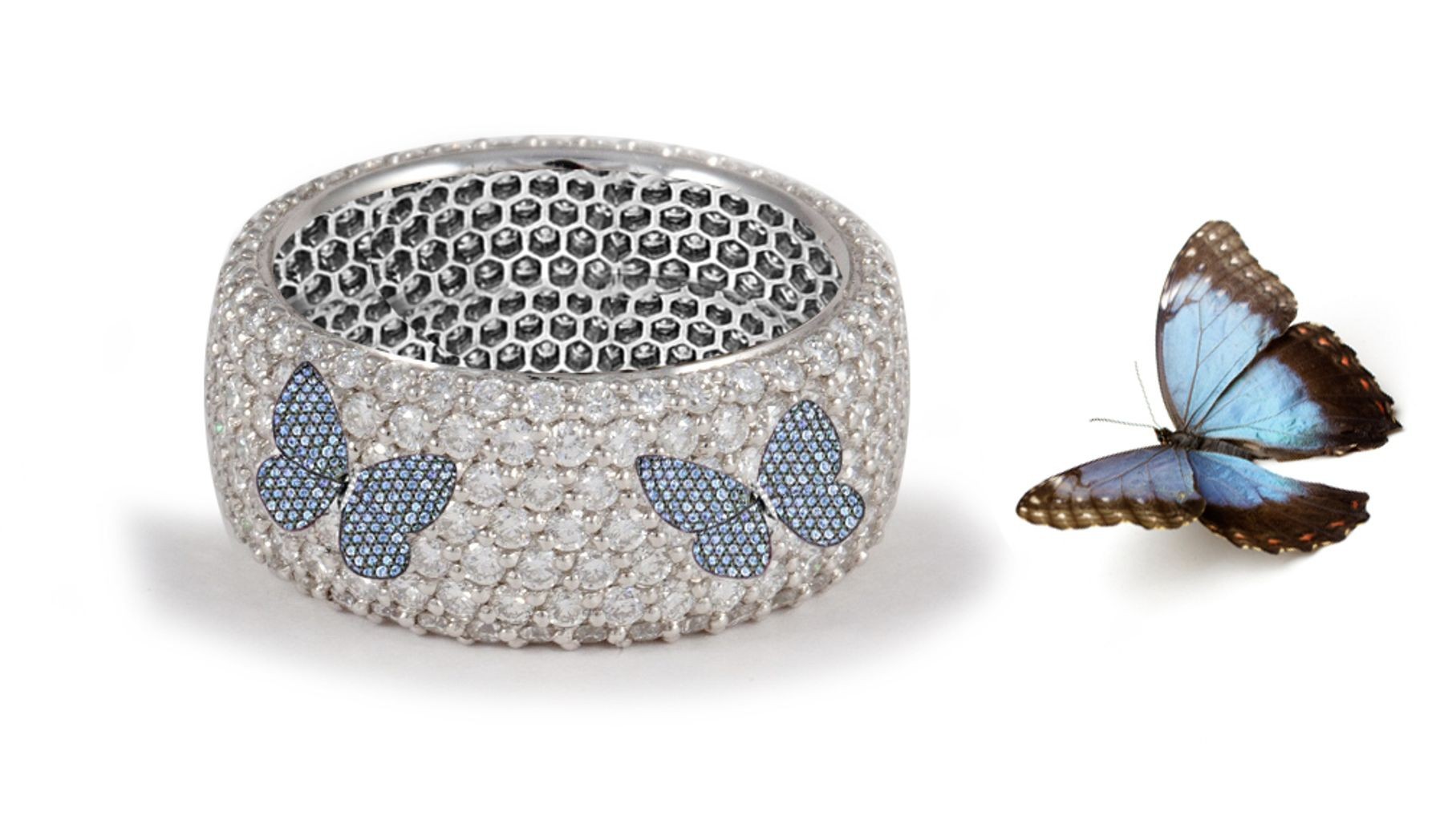Butterfly Collection: Women's Halo Micro pave Precision Set Blue Sapphire & Diamond Eternity Rings Available in Gold or Platinum for Wedding or Anniversary