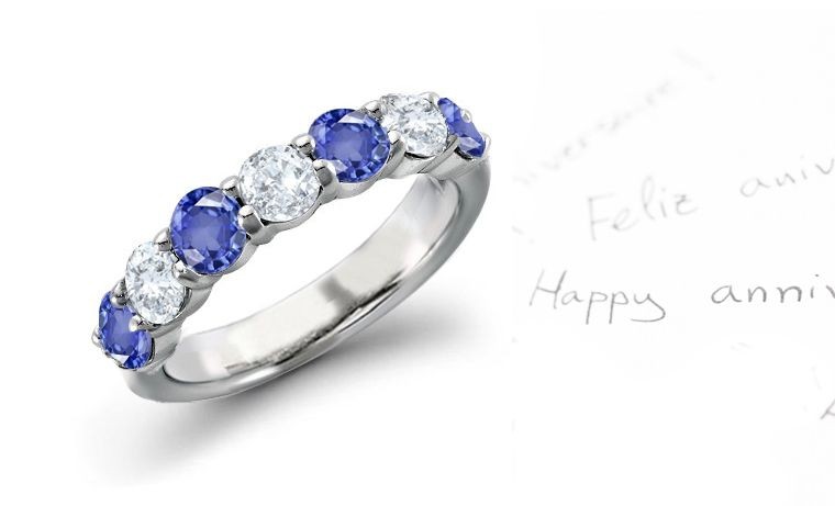 Round Blue Sapphire Shared-Prong Band Ring in 14k White Gold (2.5 mm)