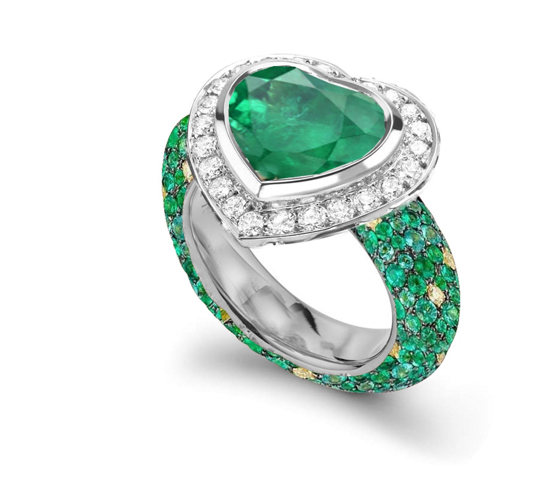 Handcrafted Heart Emerald & Micro Pave Diamond Halo Ring