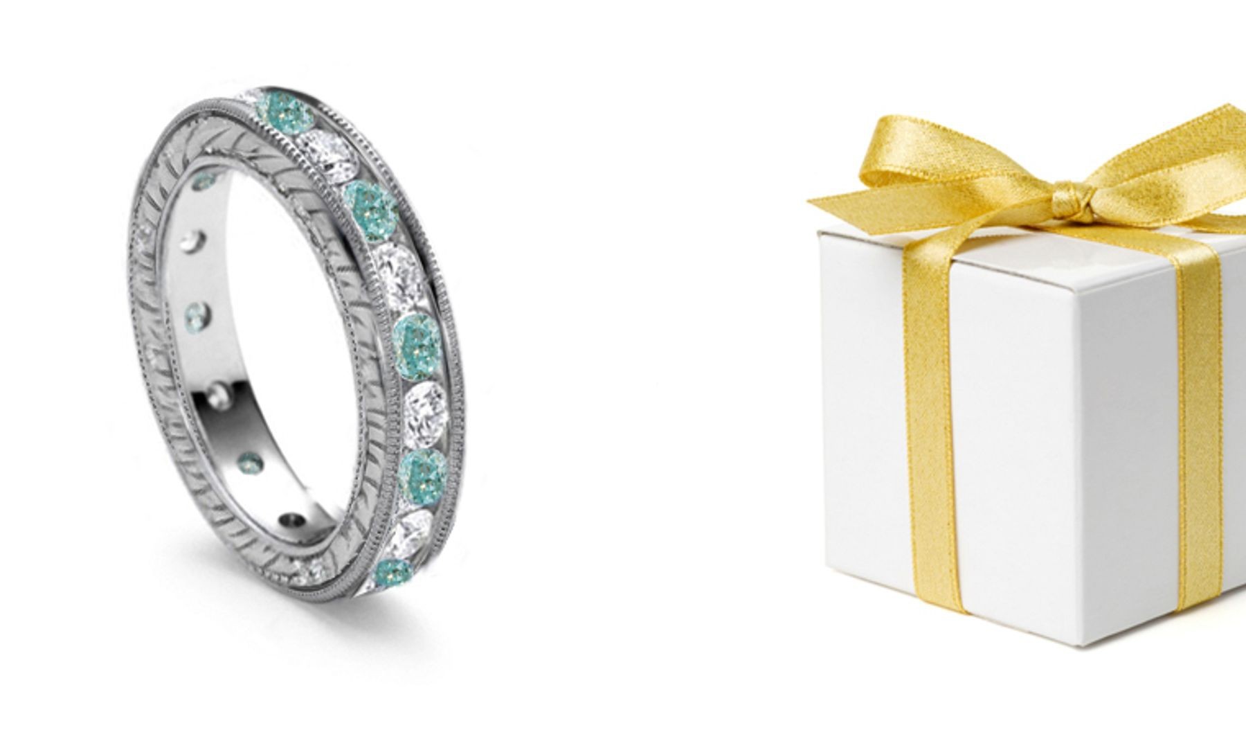 Pure Love: Endless Circle of White Green Diamonds Adorned with Fine Engraving on Band Sides