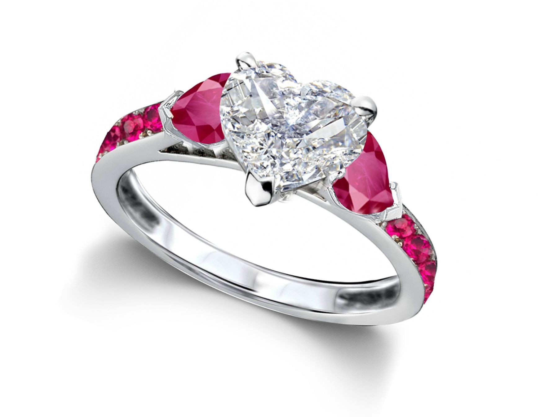 Heart Diamond & Ruby Three Stone Engagement Ring With Side Accents