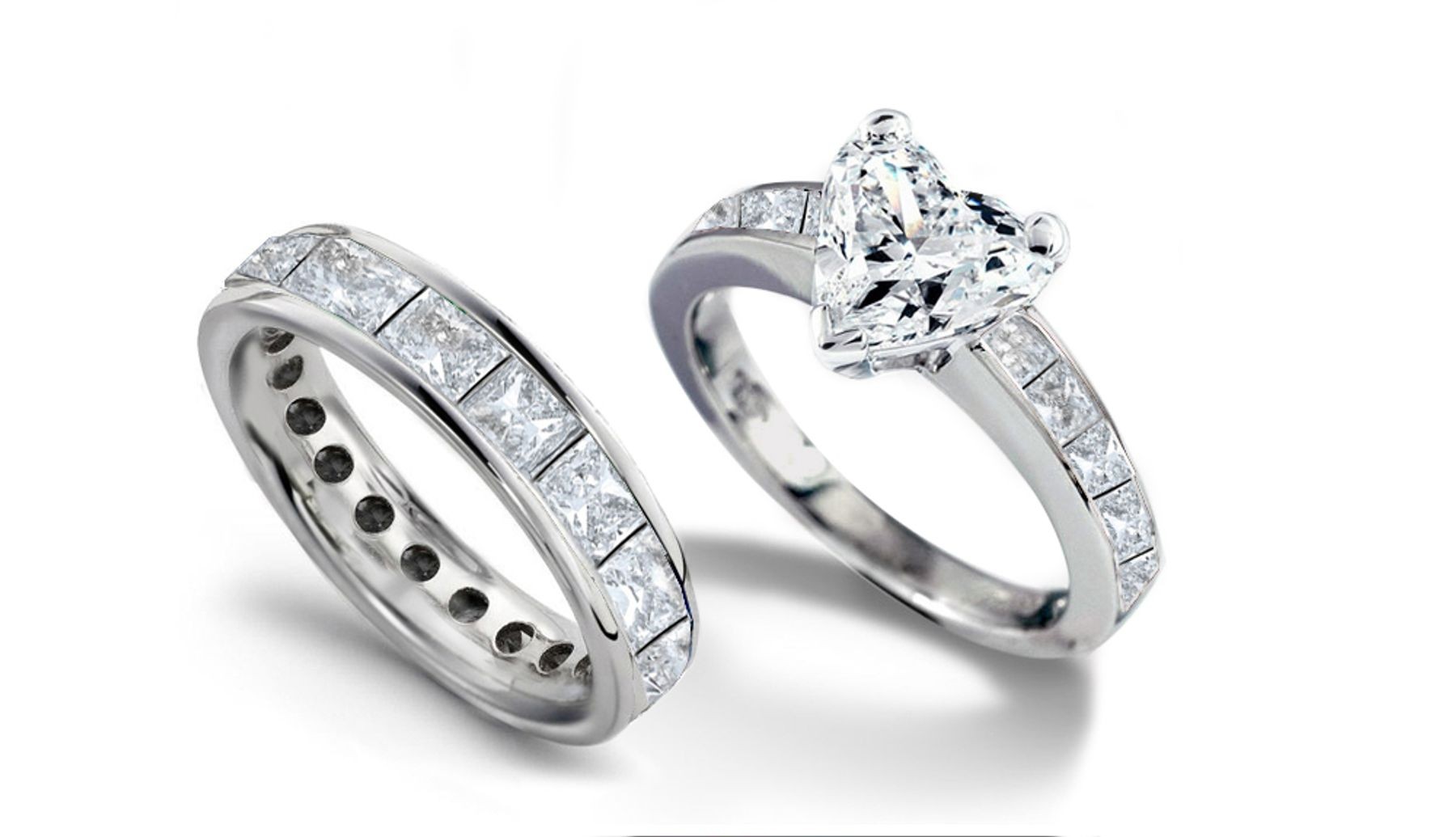 Designer Heart Diamond & Princess Cut Diamond Accents Engagement Ring & Matching Wedding Band