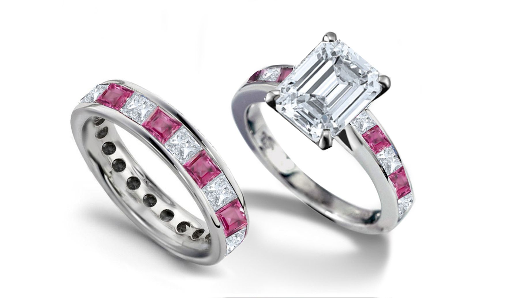 Emerald Cut Diamond & Square Pink Sapphire Ring & Matching Wedding Band