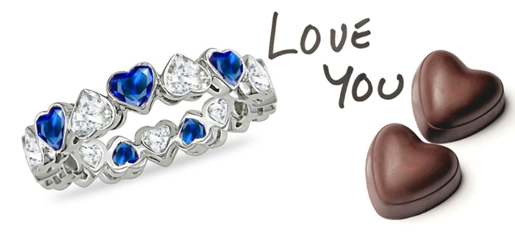 Shining: Vibrant Blue Sapphire Heart & Diamond Heart Eternity Ring