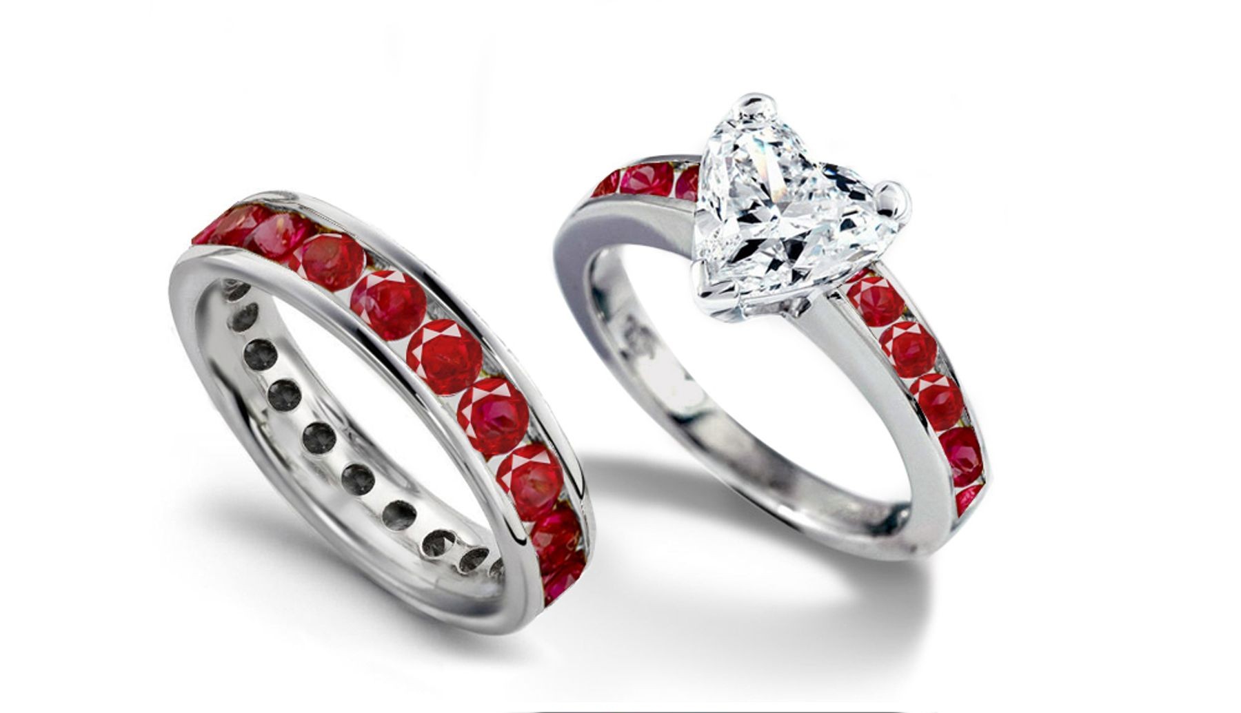 Heart Diamond atop Ruby Engagement Ring & Ruby Matching Gold Band