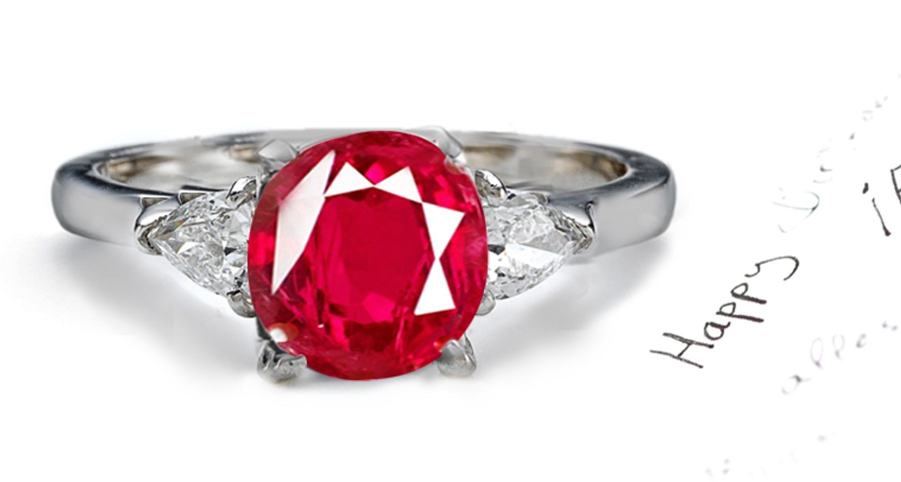 Heart To Heart:Pure Sparkling Pigeon Red Ruby Diamond Three Stone Ring