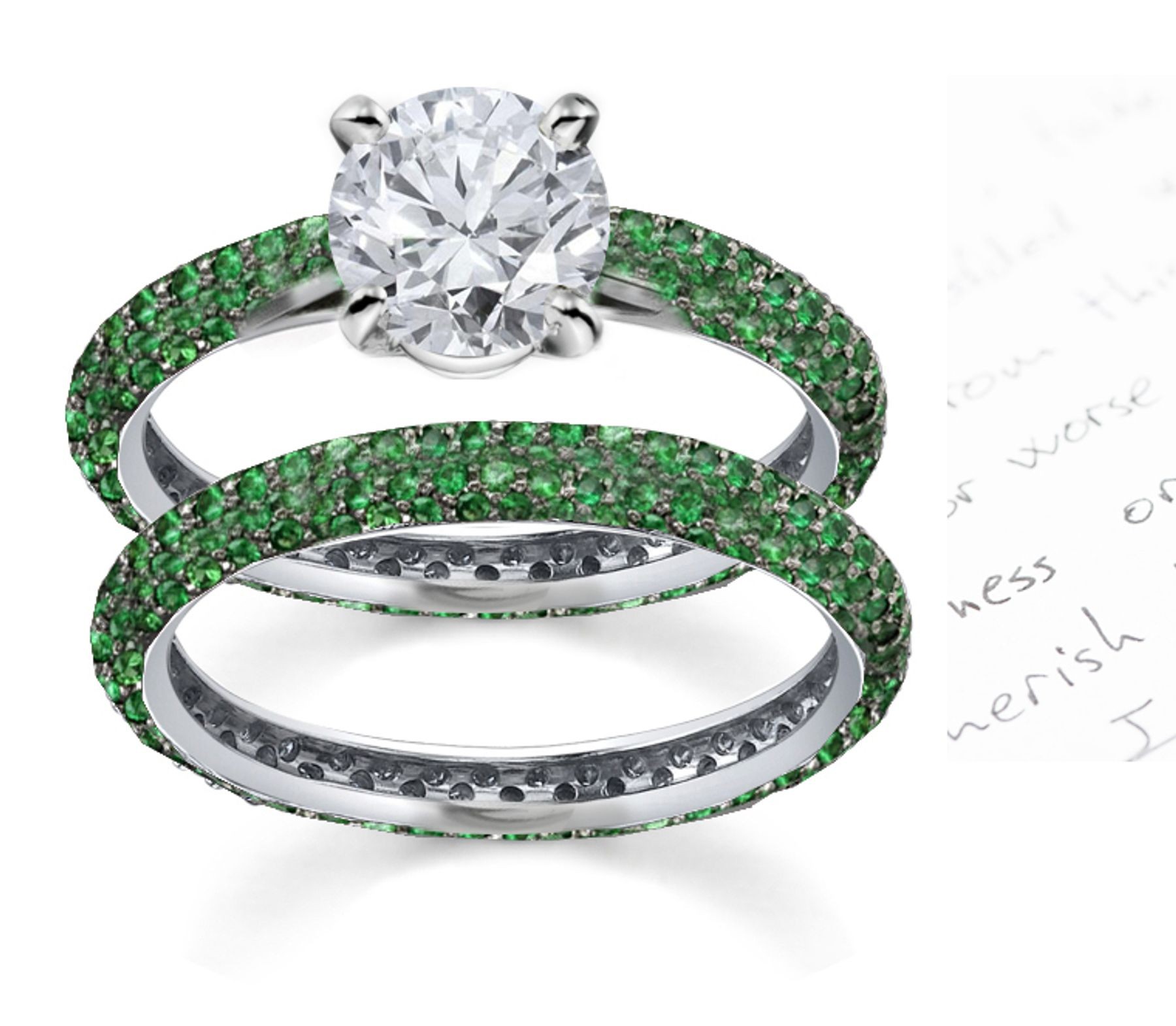 Exclusive Styles: French Pave' Emerald & Diamond Ring in 14k White Gold & Platinum