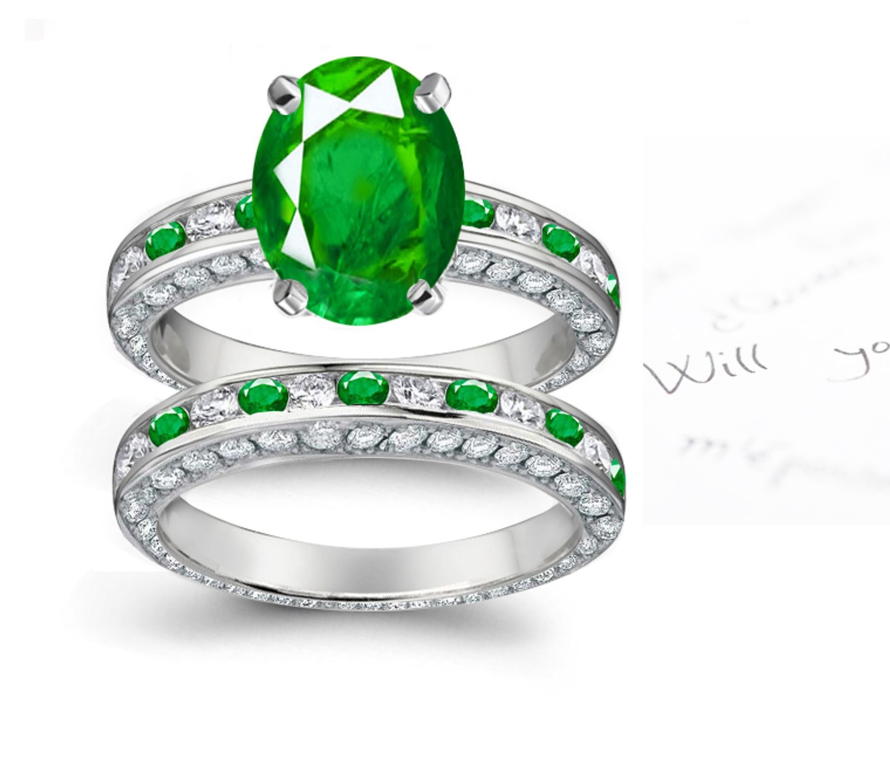 Earthly Rich-Color Oval Emerald & Heavenly Diamond Halo Engagement Ring & Gold Band Radiating Star Light