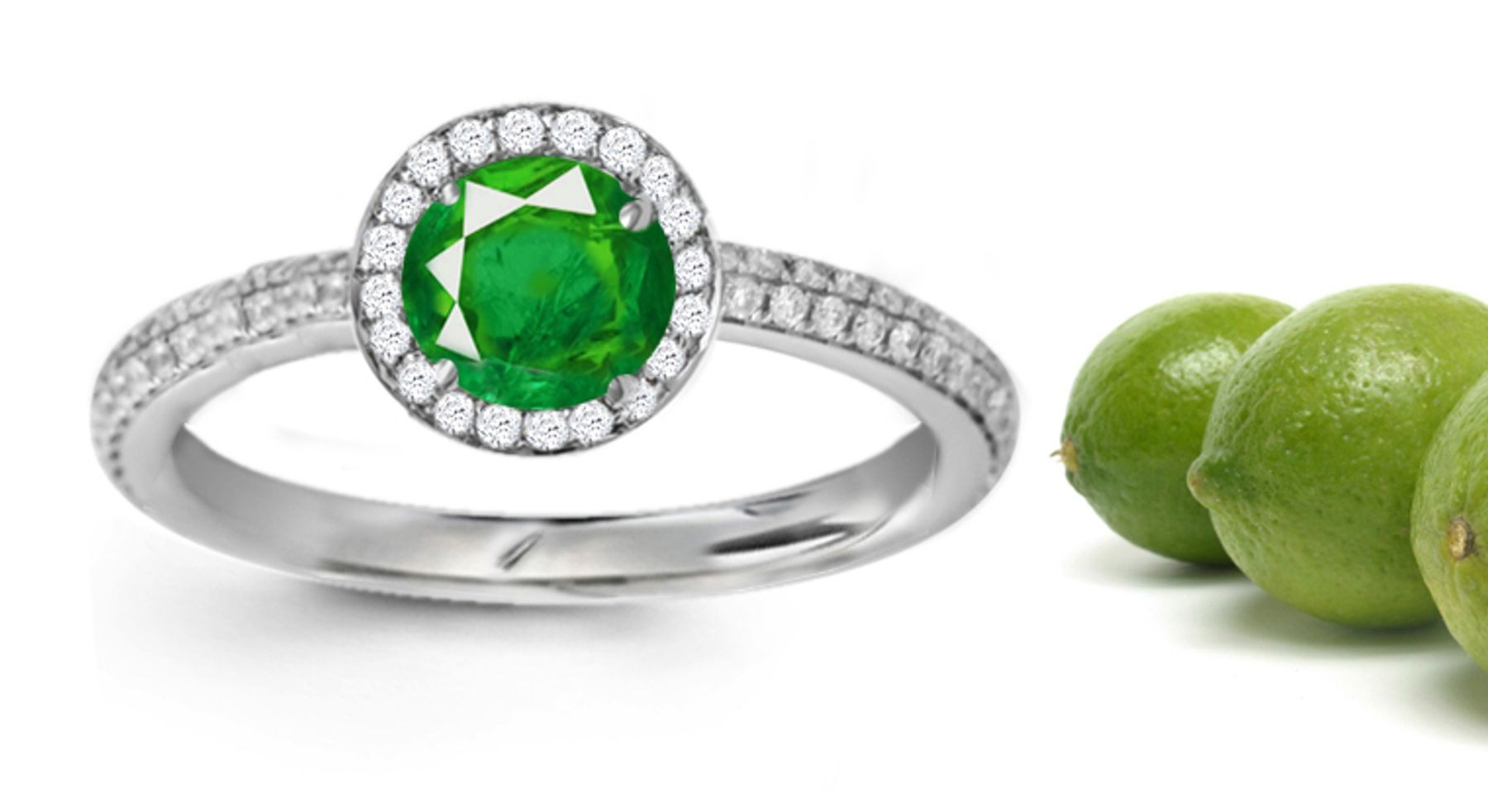This Ring Features Round Emerald & A Diamond Halo Creating Light & Shadow