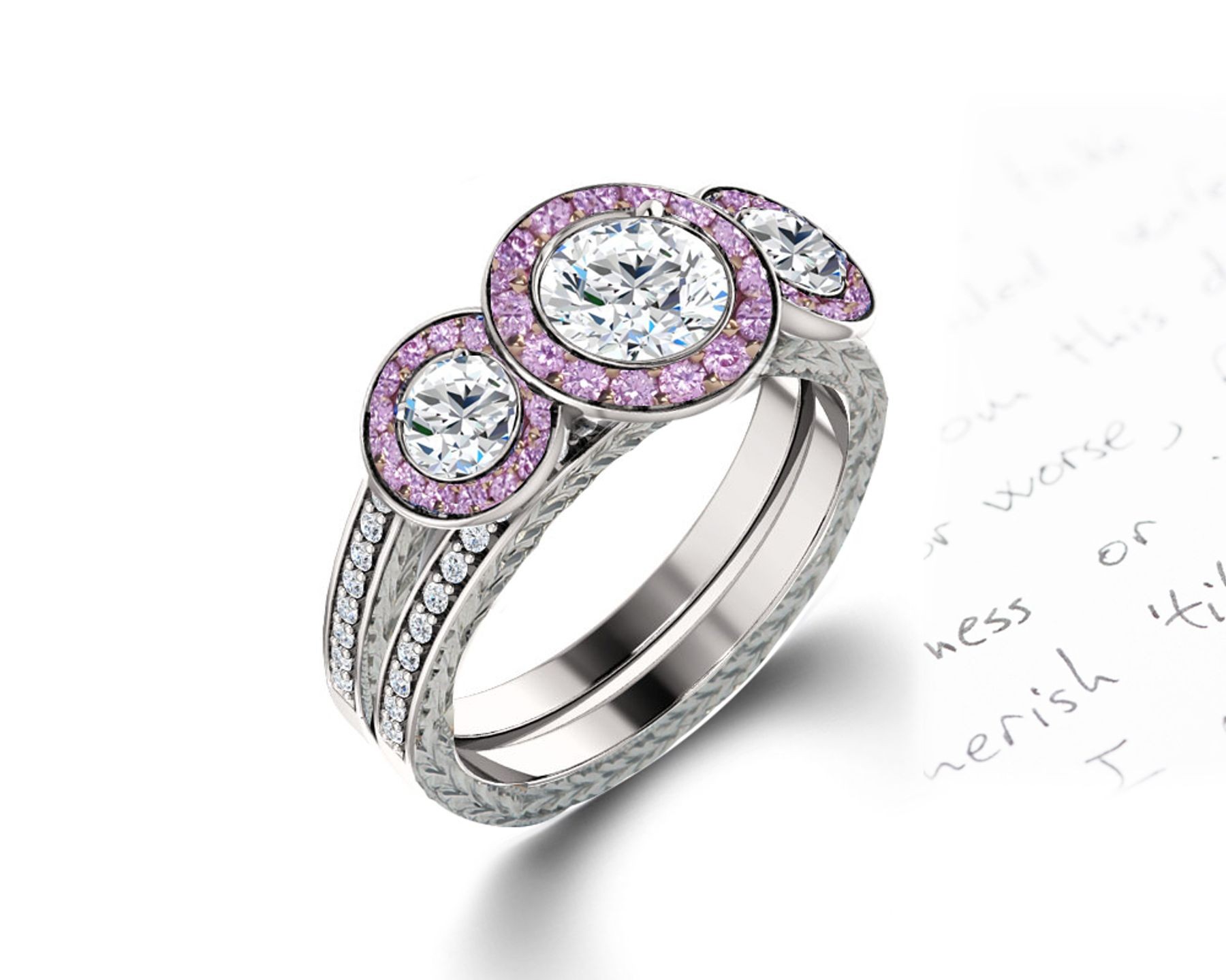 Delicate Micro Pave Halo Vivid Pink Sapphires & Brilliant-Cut Round Diamonds Designer Engagement Rings