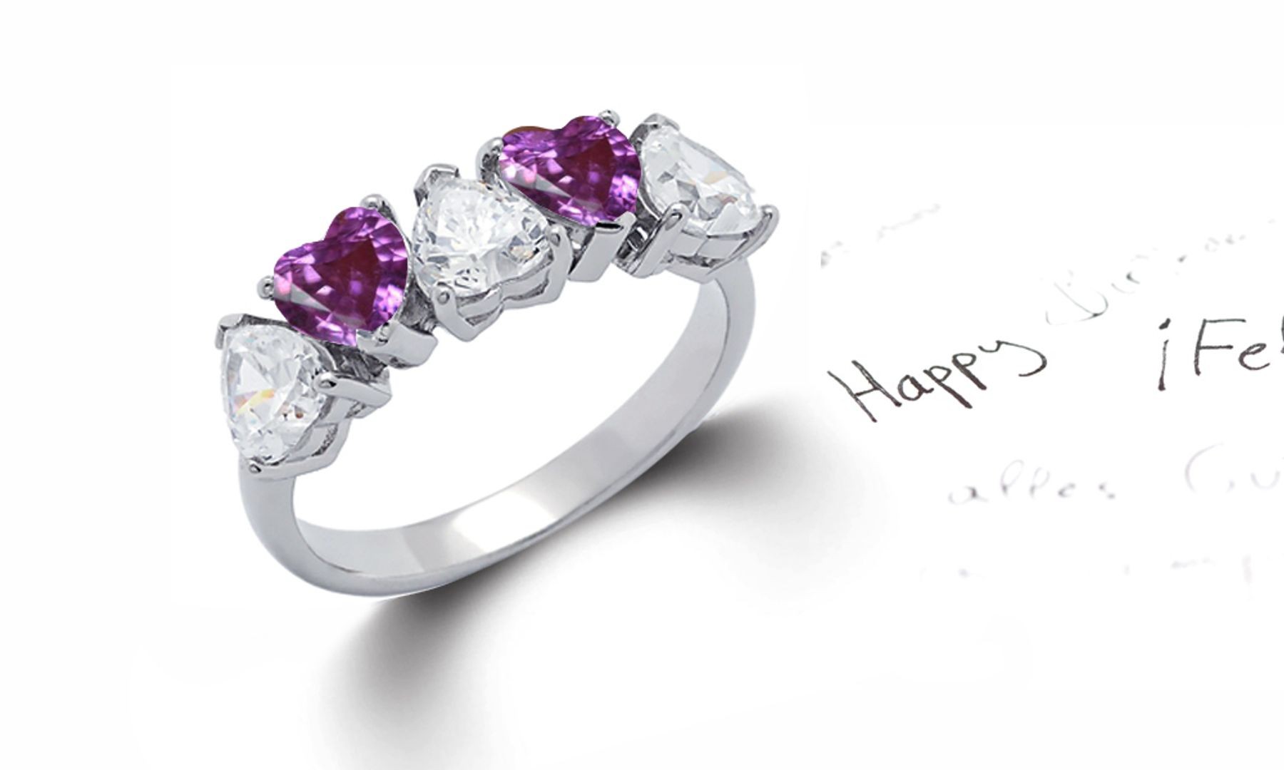 Heart Shaped Purple Sapphire & Diamond Half Eternity Rings in Gold or Platinum