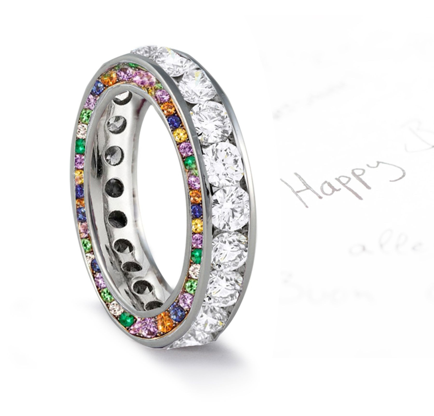 Micro pave Halo Brilliant Round Diamond & Rainbow of Gemstones Eternity Rings