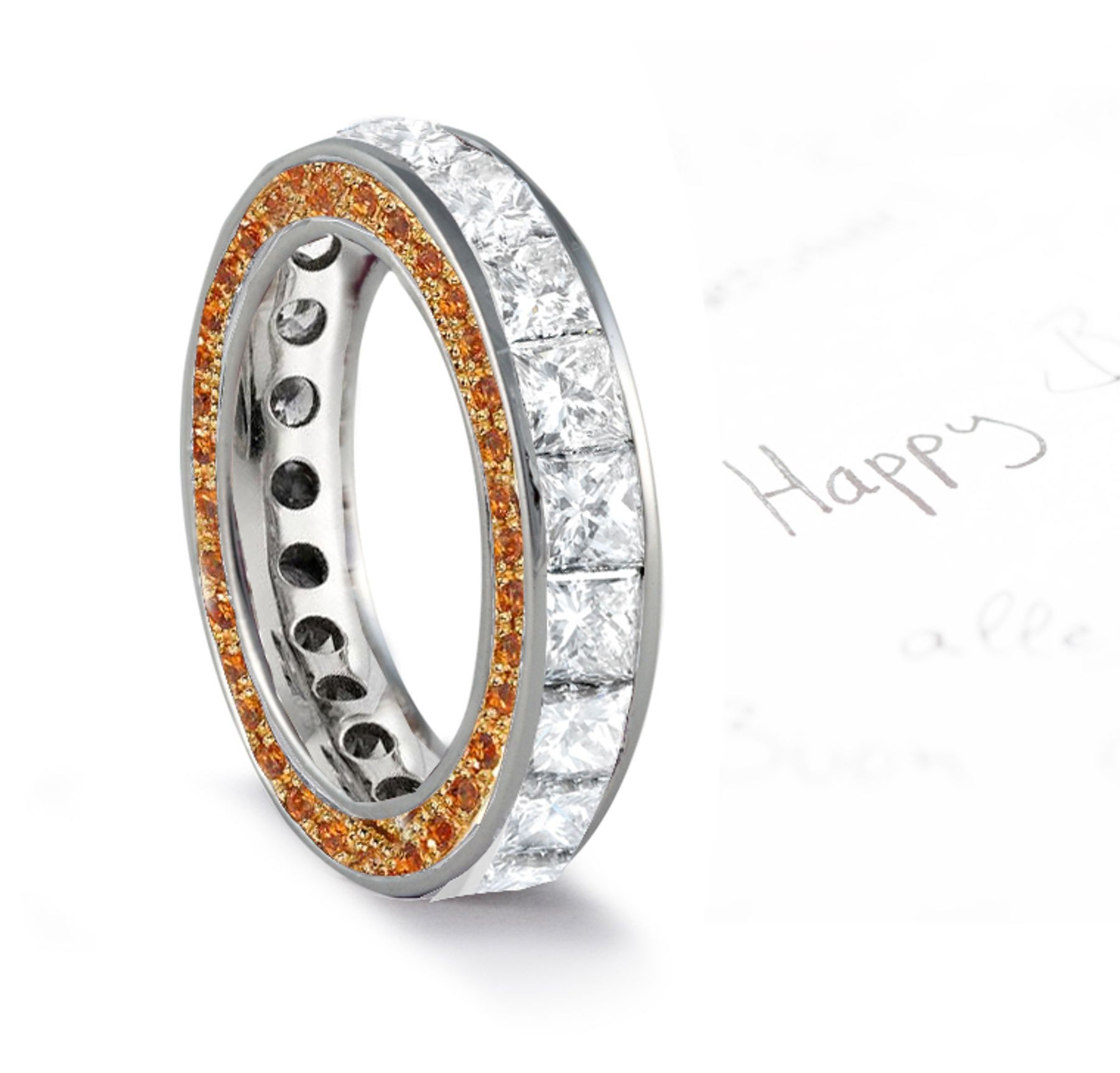 Micro pave Halo Round & Princess Cut Diamond & Orange Sapphire Eternity Rings