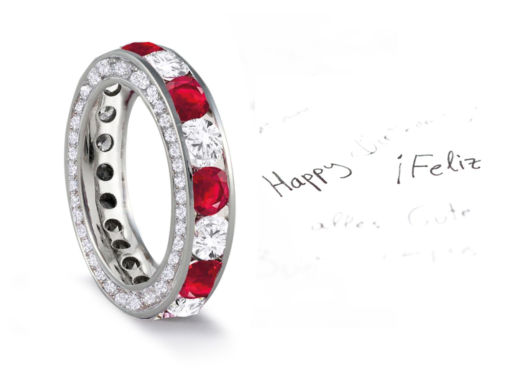 Micro pave Halo Brilliant Cut Round Diamond & Red Ruby Eternity Rings