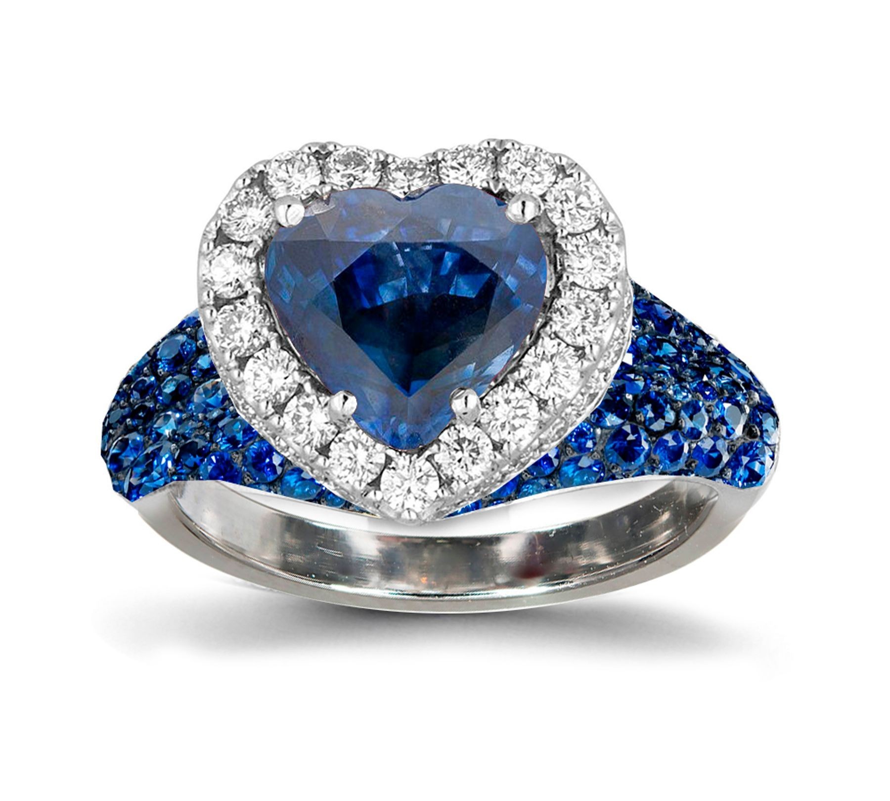 Browse Ring with Heart Sapphire & Pave Set Diamonds & Sapphires in Gold or Platinum Global Shipping