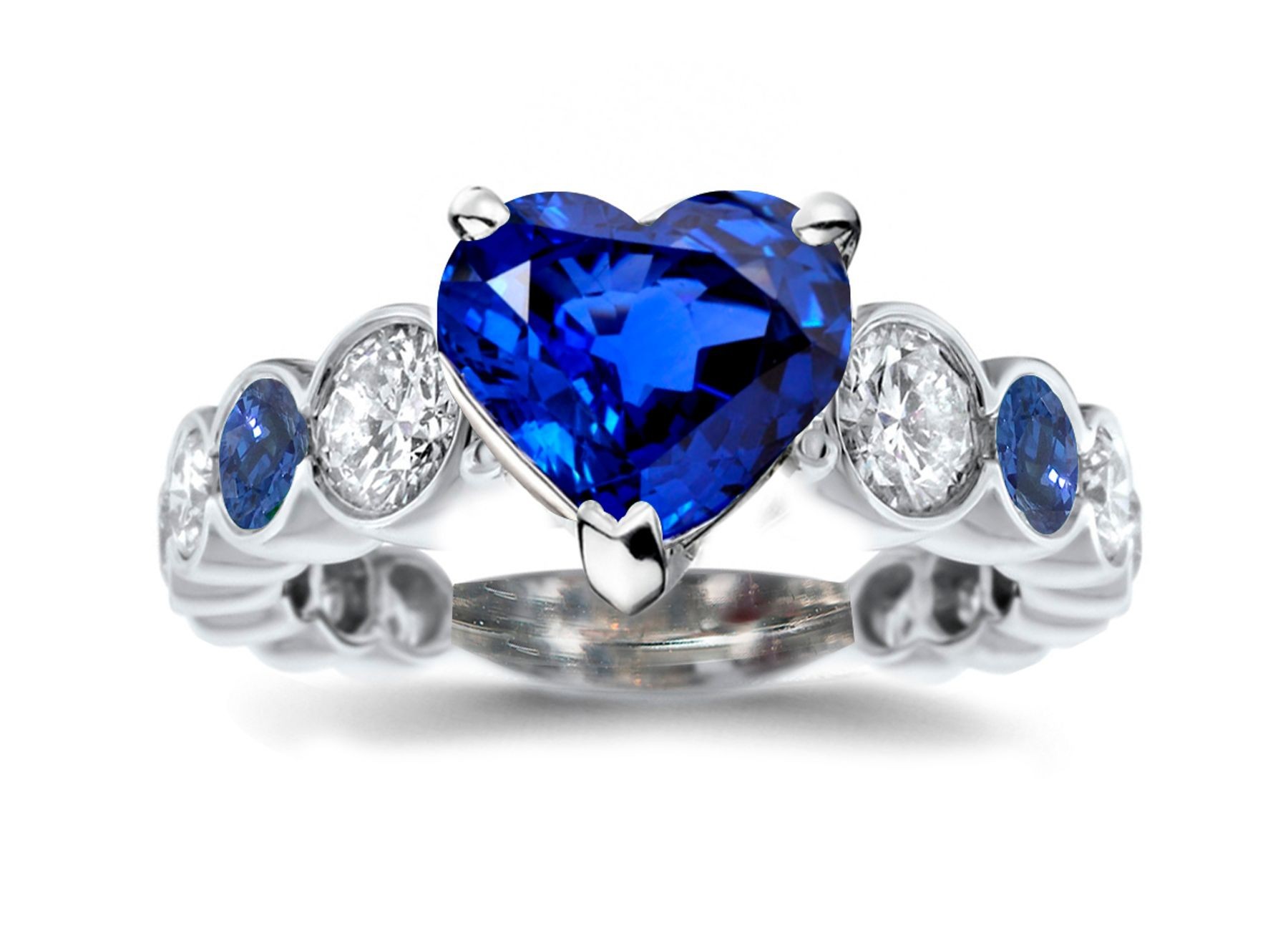 Ring with Heart Sapphire & Bezel Set Diamonds & Sapphires in Gold or Platinum