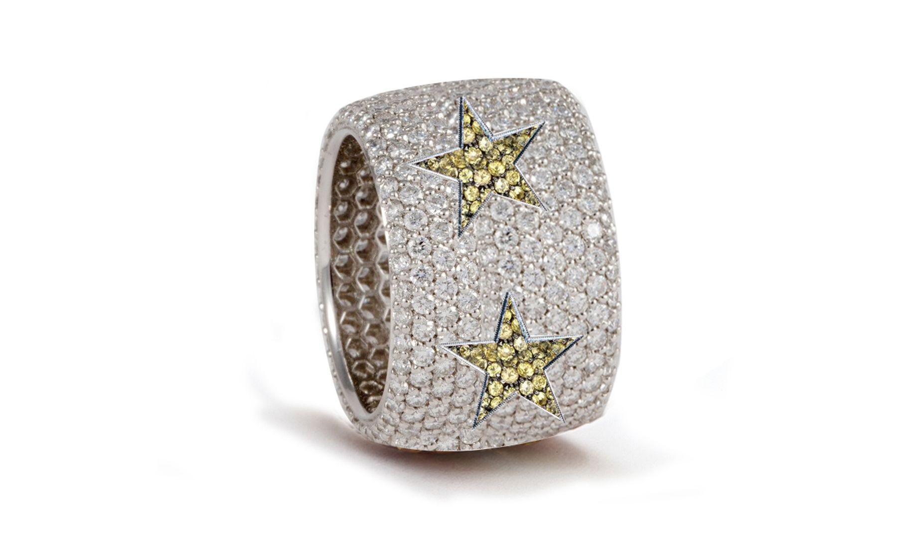 Delicate French pavee Sparkling Brilliant-Cut Round Diamonds & Vivid Multi-Colored Precious Stones Eternity Rings & Bands Featuring Celestial Stars