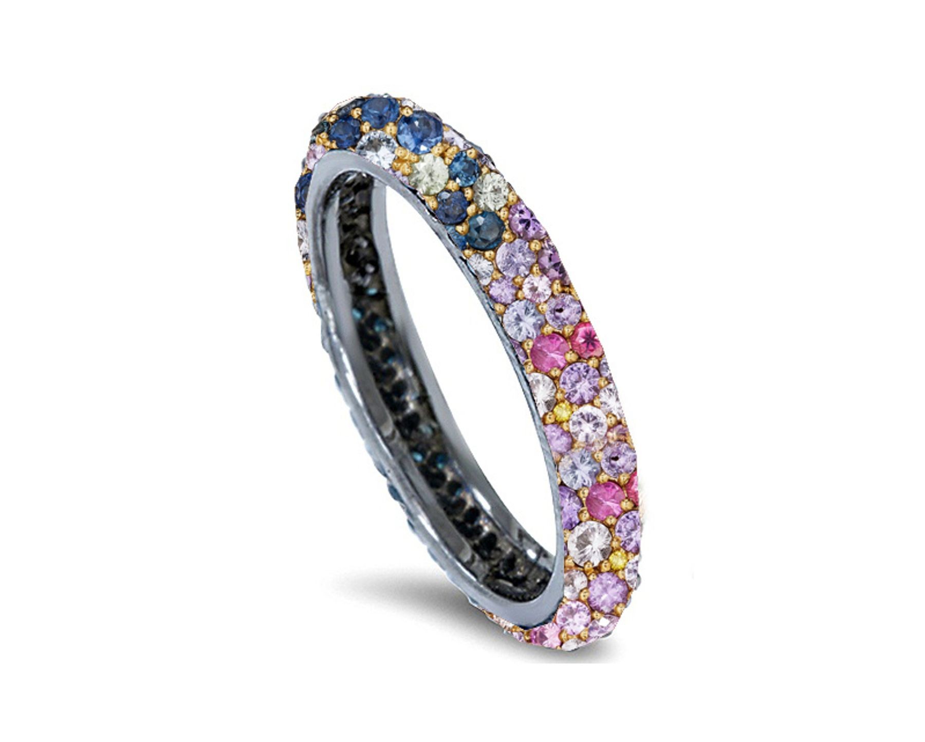 Delicate Women's Eternity Rings Featuring Multi-Colored Diamonds and Gemstones in Halo Precision Micro pave Settings