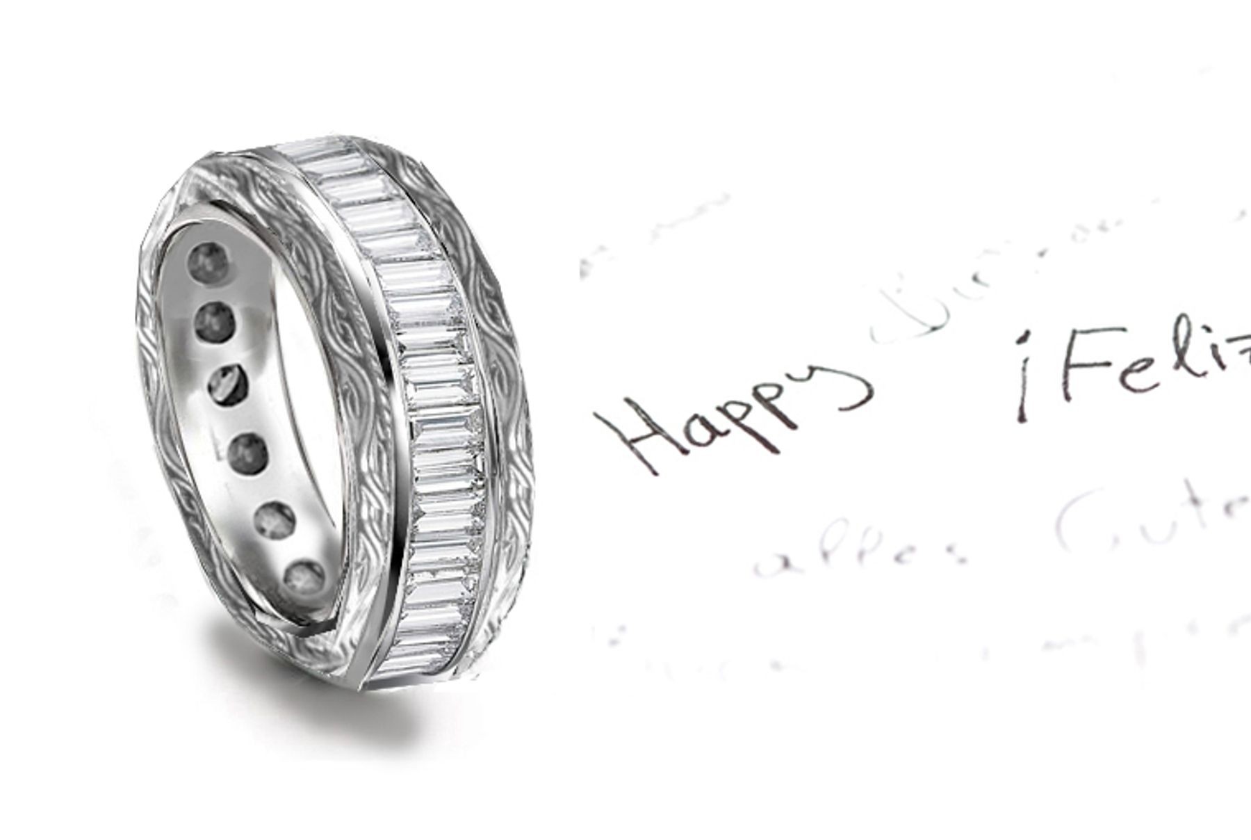 Meaningful Baguette Cut Diamond Anniversary Band Ornamented with Exquisite Scroll Motifs in 14k Gold