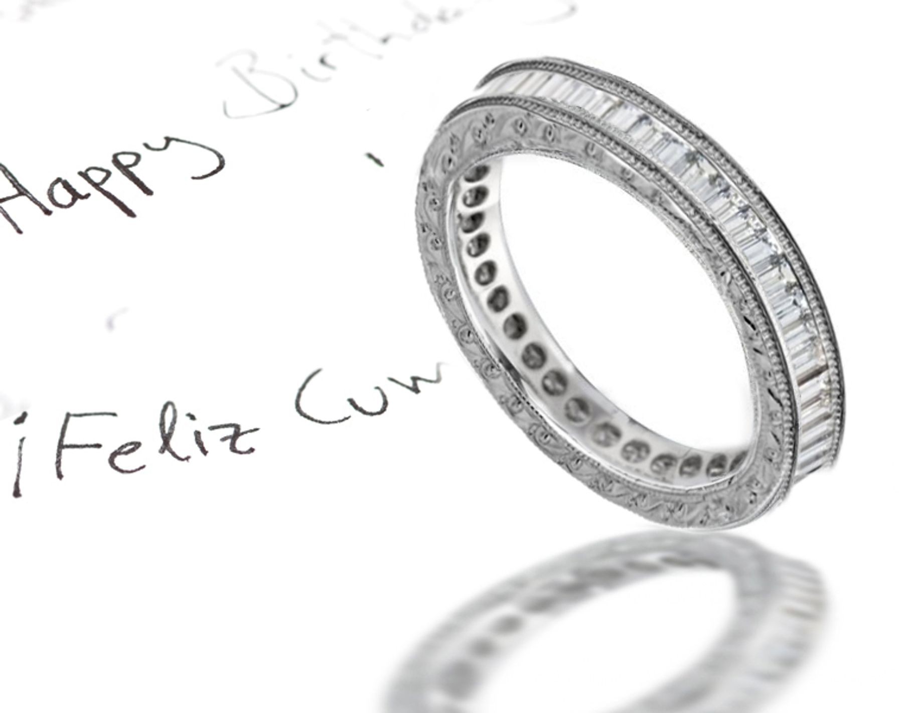Stars in Stable Orbit: Hand Engraved Diamond Vintage Diamond Eternity Wedding Ring in 14k Gold