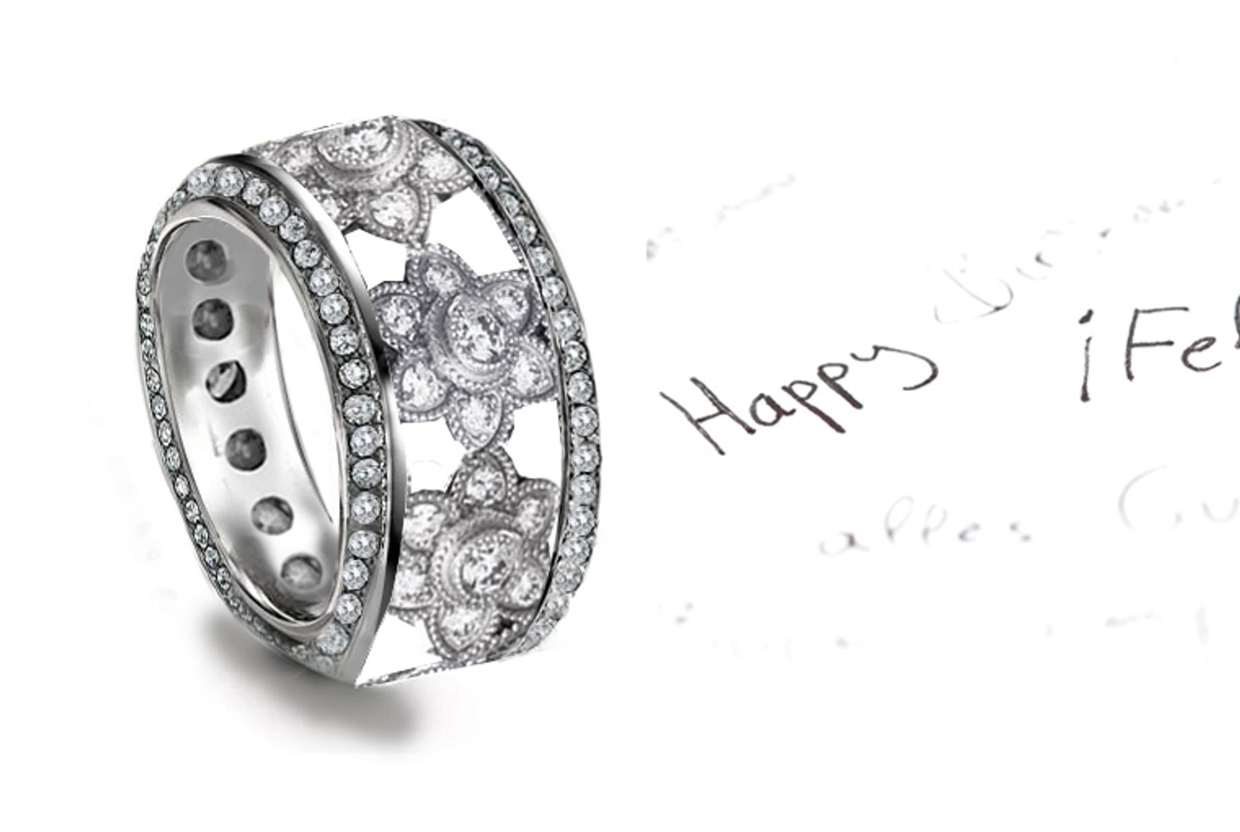 "Wide Breadth" Soaring Diamond Open Work Platinum Band Diamonds Micropavee in Floral Motifs All Around