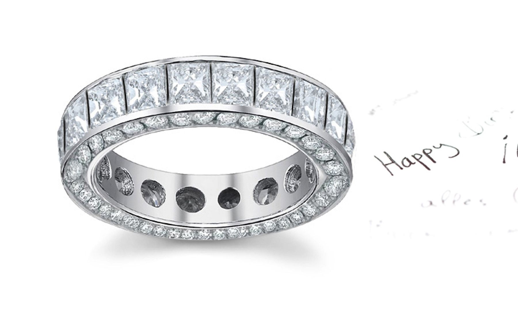 Twinkling Princess Cut Diamond Eternity Band with Sides Sprinled All Around on Either Sides in Platinum Three-Dimensional Realistic View