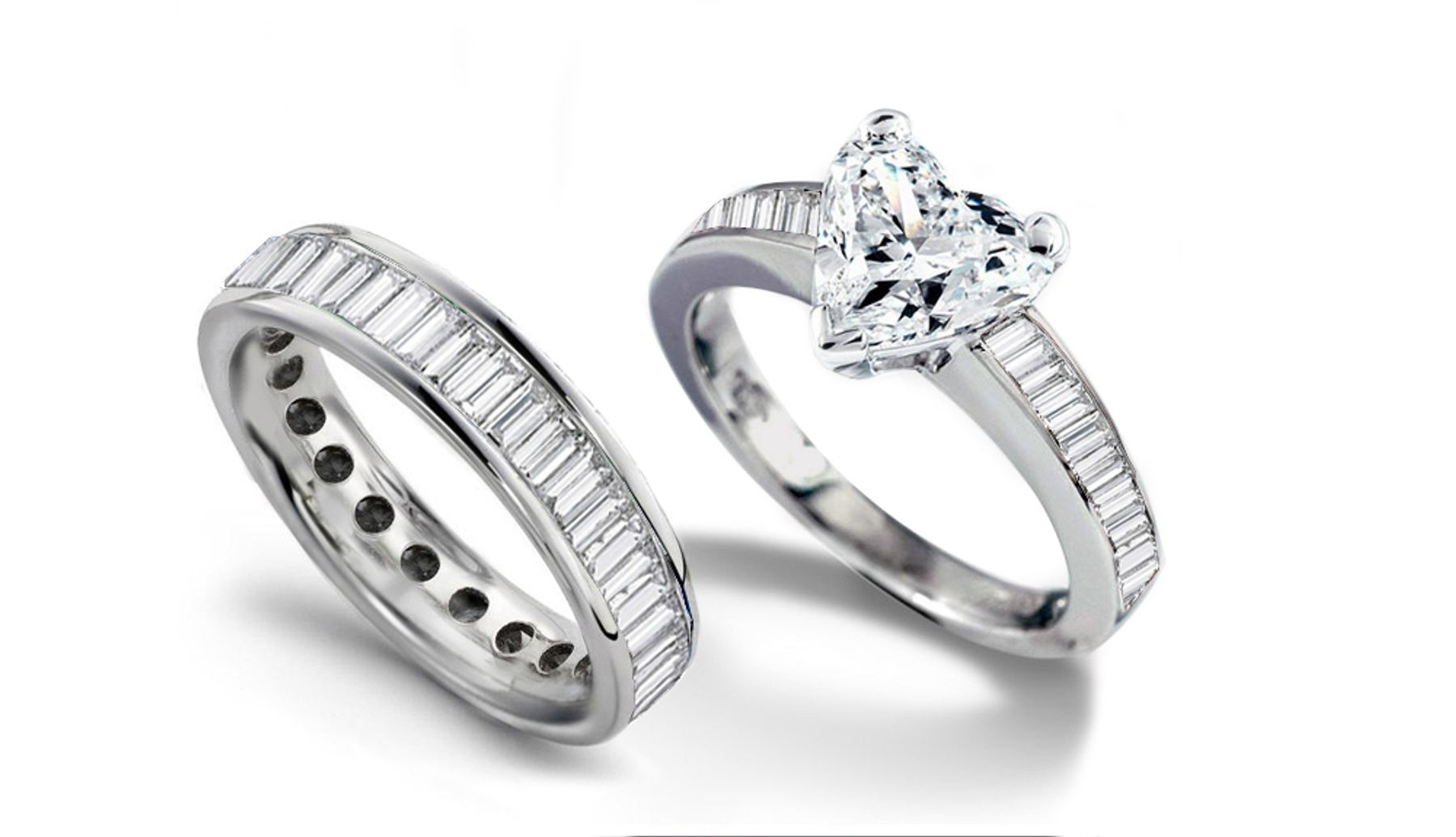 Designer Heart Diamond & Baguette Diamond Accents Engagement Ring & Matching Wedding Band in Platinum