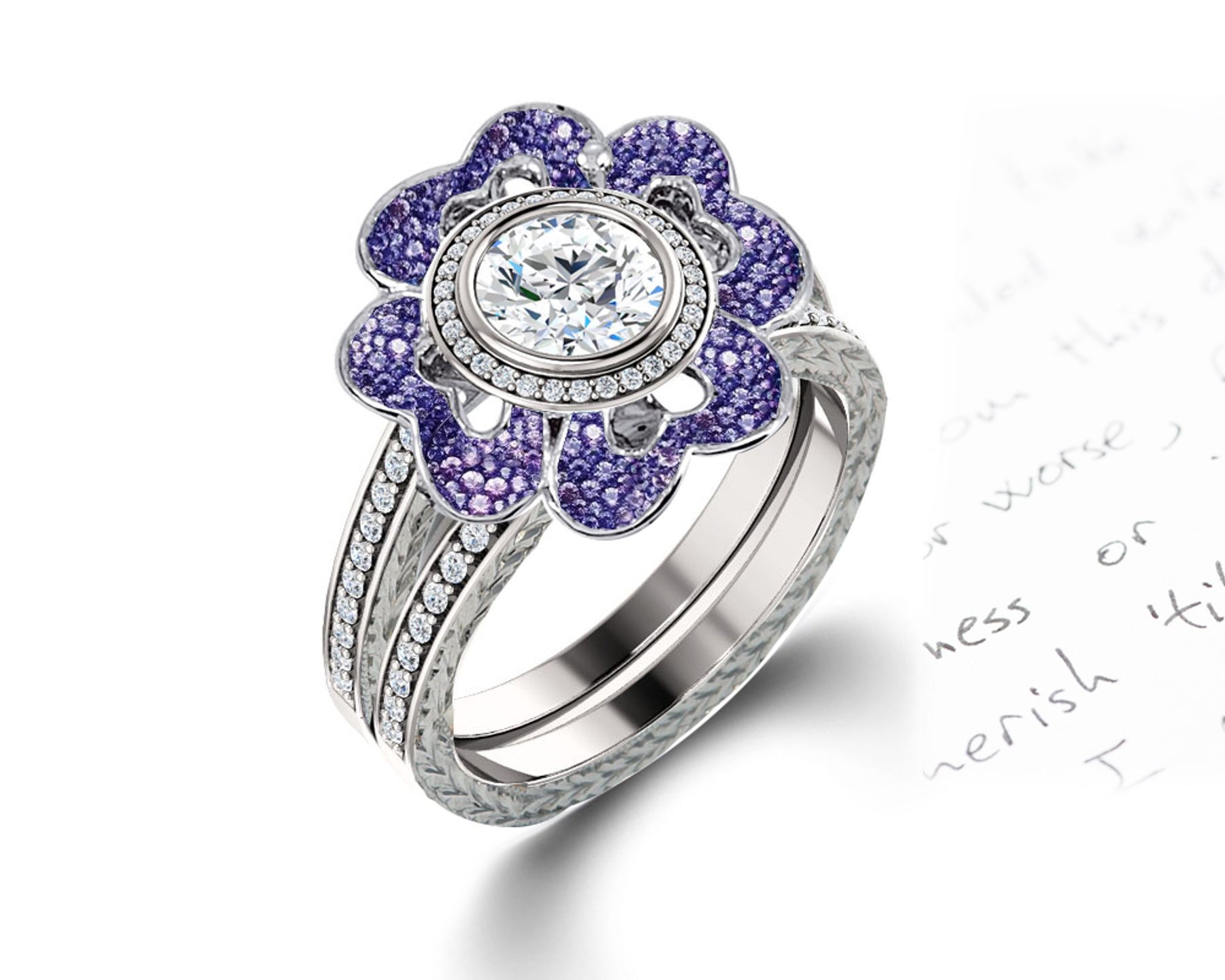 Delicate Micro Pave Halo Vivid Flower Purple Sapphires & Brilliant-Cut Round Diamonds Designer Engagement Rings