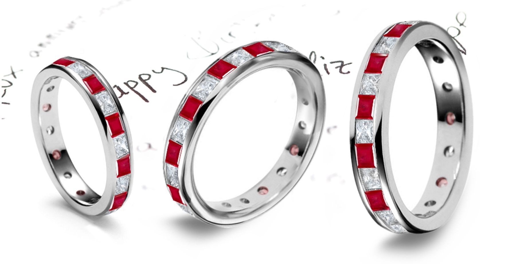 Eternity Rings: Platinum channel set square rubies and princess cut diasmonds eternity band