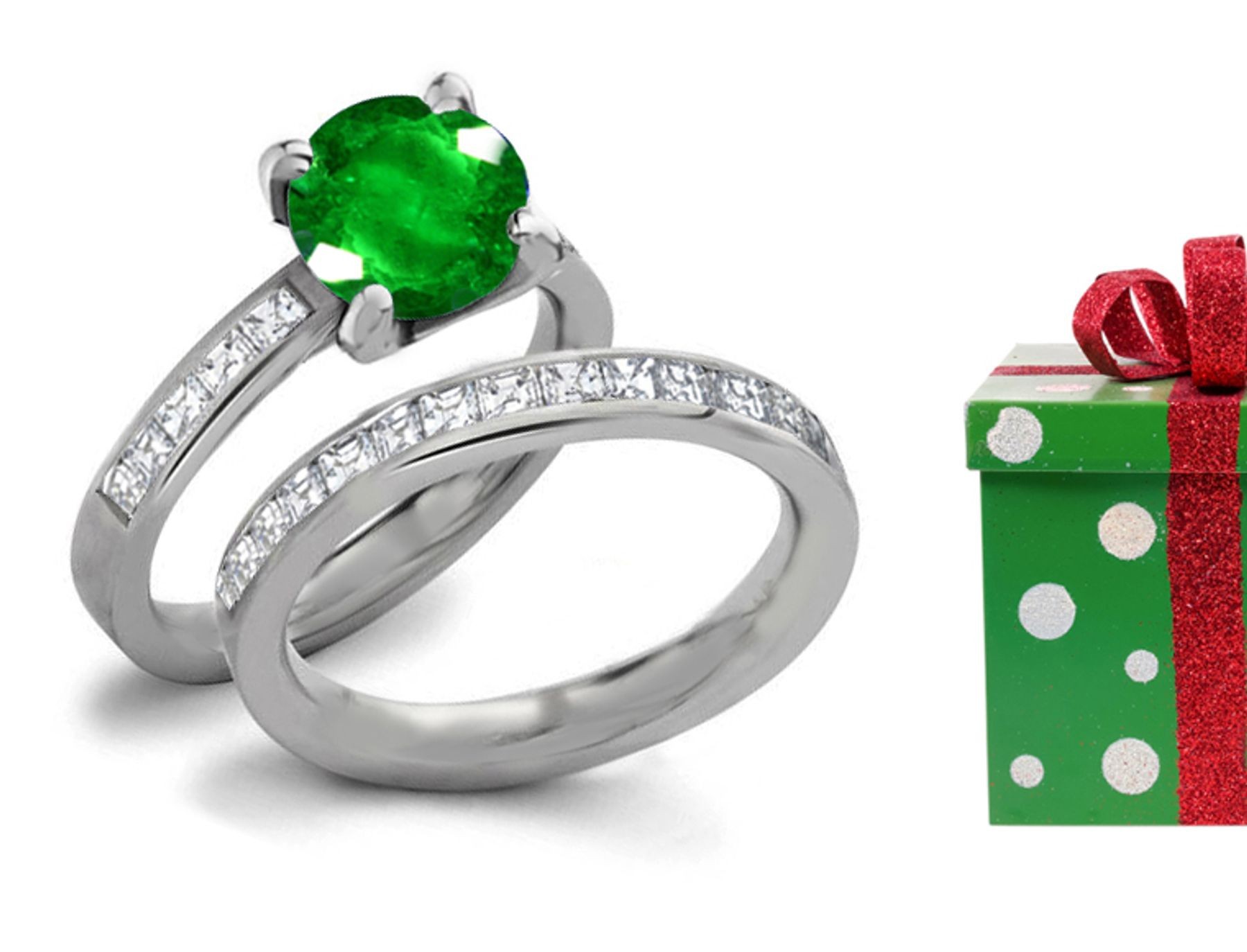 Description and Prices:Remarkable Channel Set Emerald & Diamond Ring in 14k White Gold 