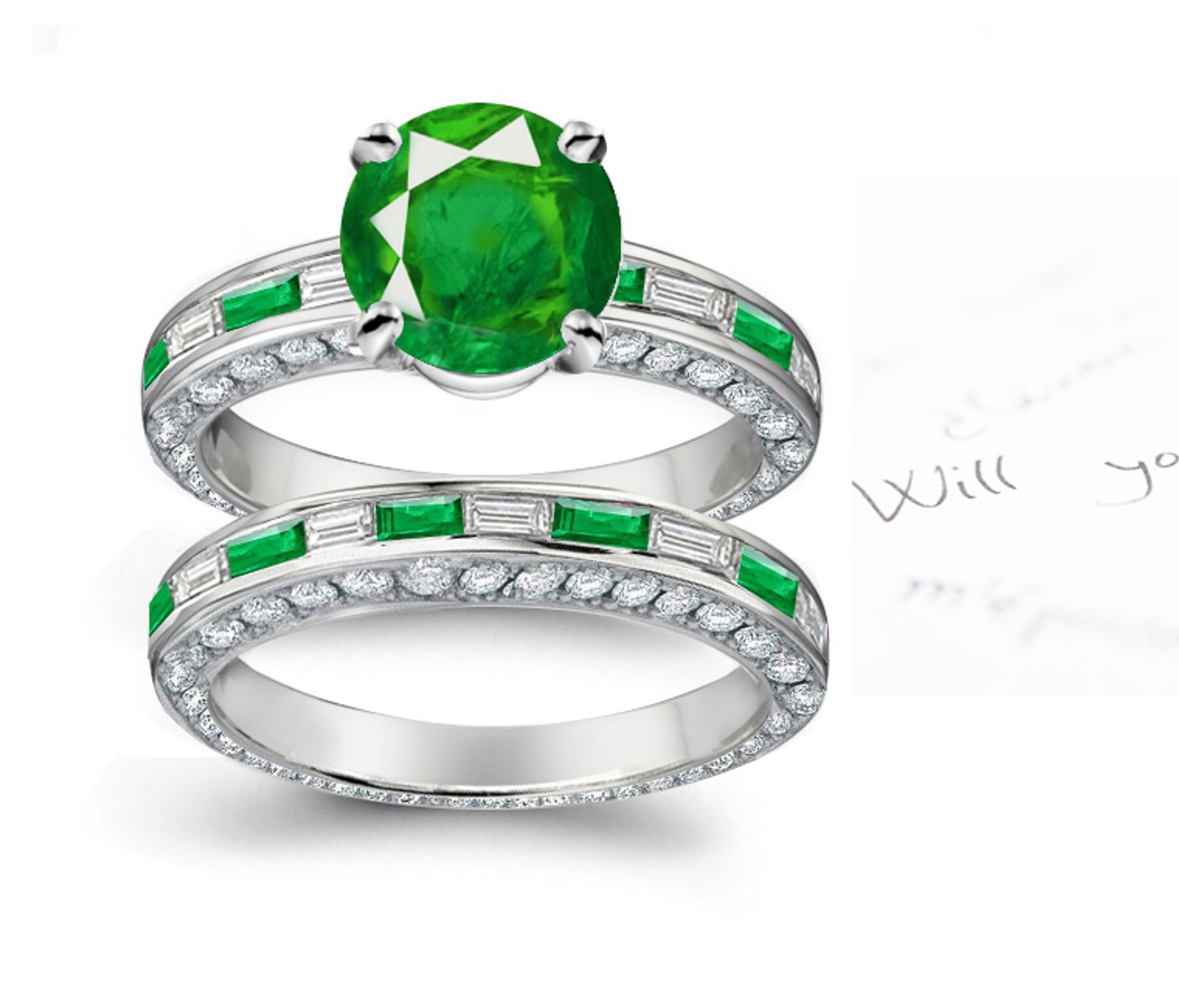 Especially Unique and as Distinctive: Channel Set Emerald & Diamond Women's Ring in 14k White Gold & Platinum
