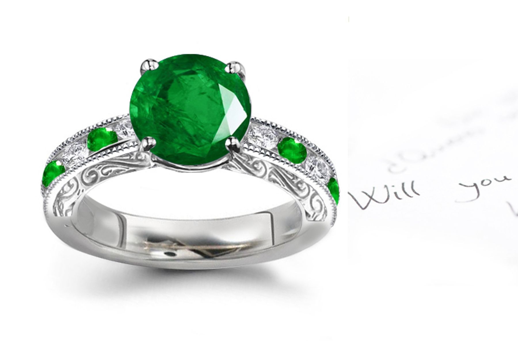 Glowing Beautiful Emeralds: A Elaborately Engraved & Milgrain Edge Christian World Created 