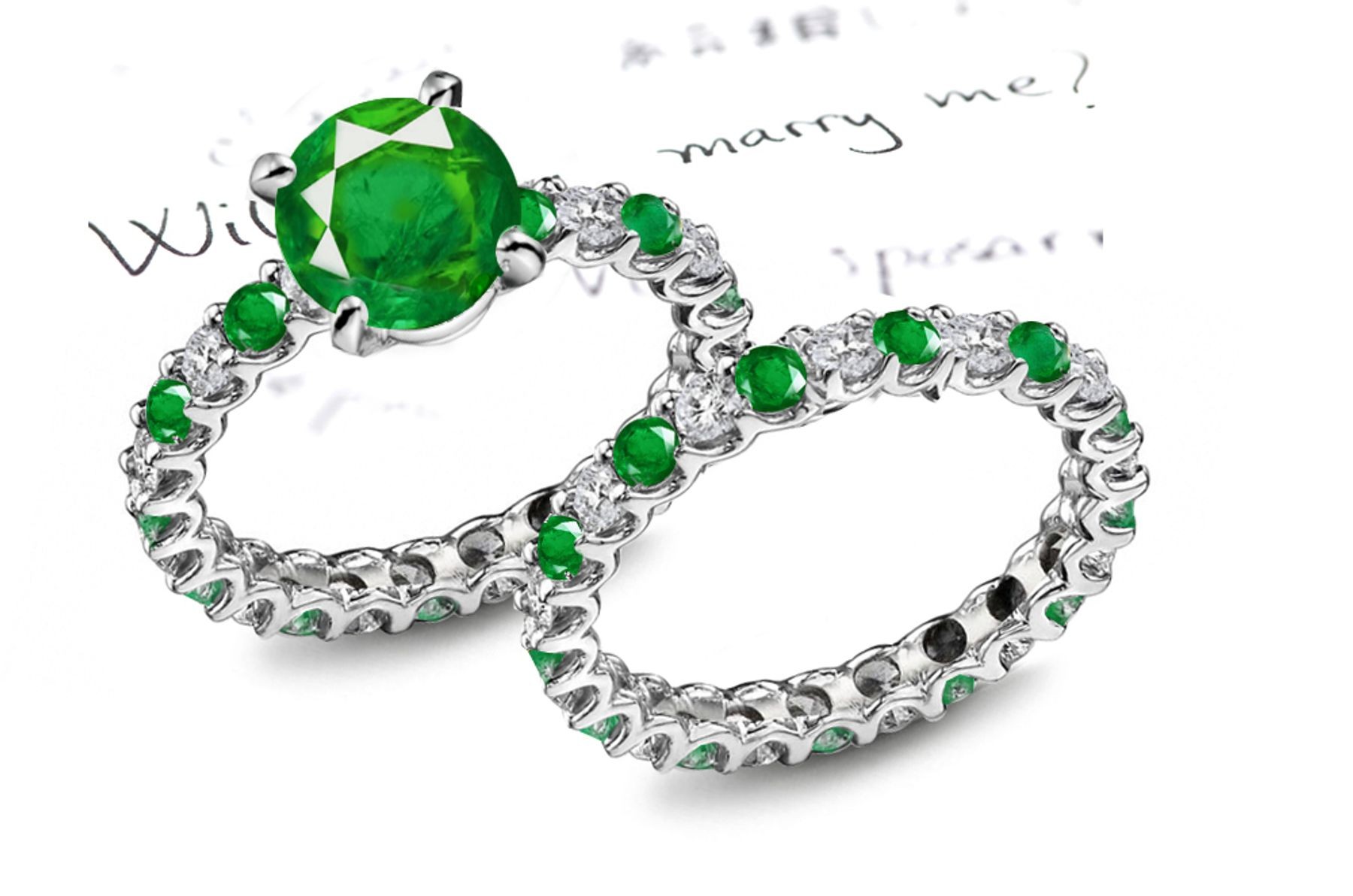Gold & Emeralds: View A Round Emerald atop Claw Set Emerald & Diamond Ring & Birthstone Eternity Band