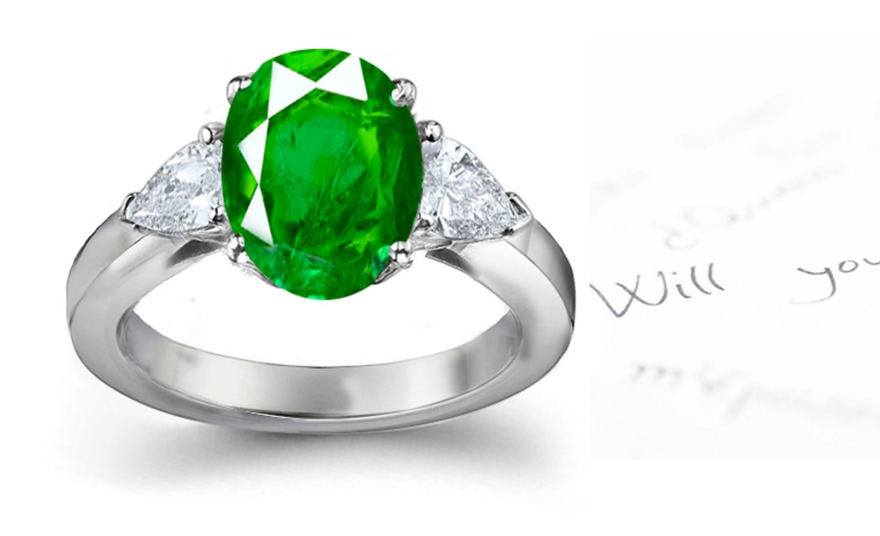 Precision Cut: Beautiful 3 Stone Natural Oval Emerald & Pear Shape Diamond Ring in Gold as well as in Enduring Platinum