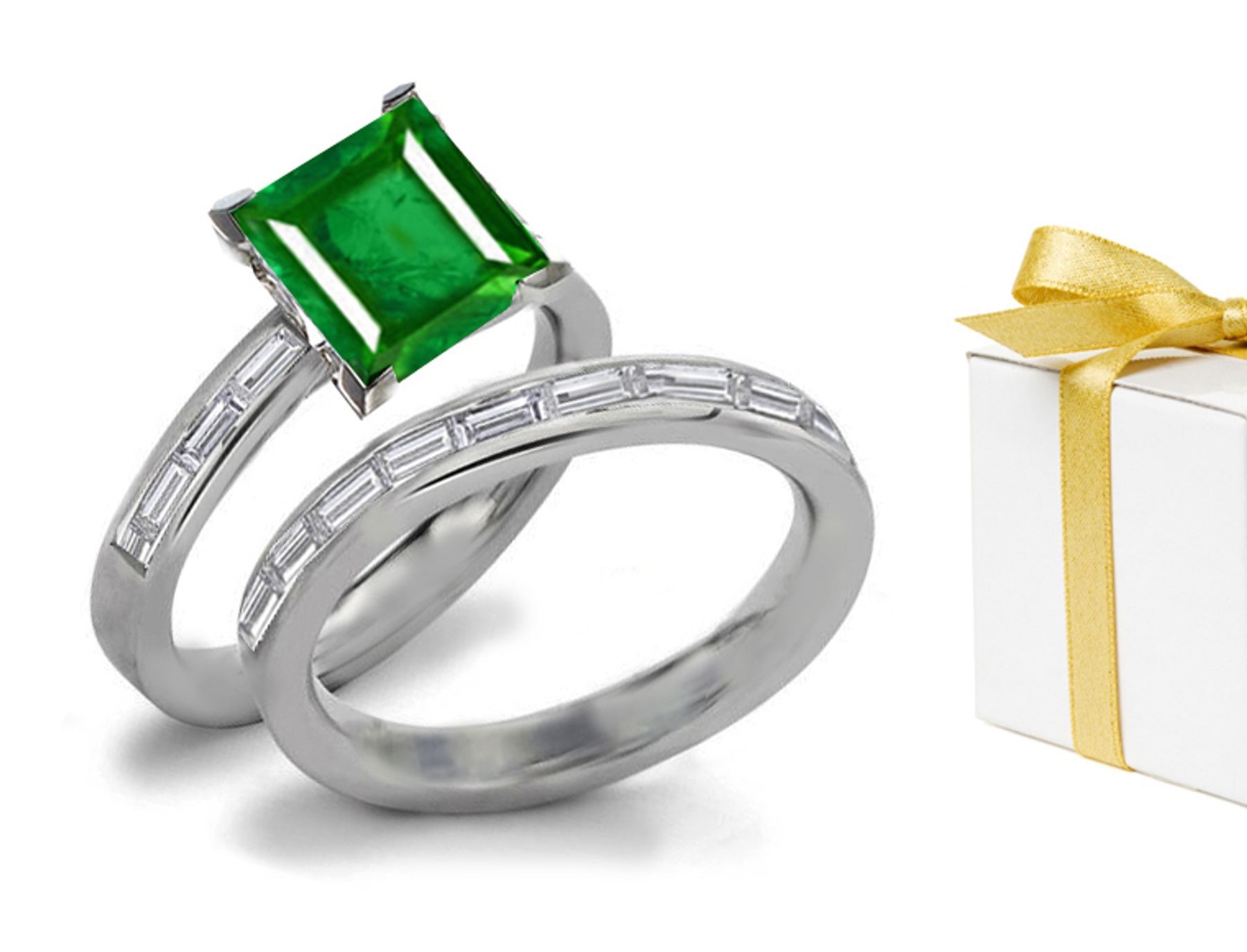 Square Emerald & Baguette Diamond Engagement Ring & Baguette Diamond Band