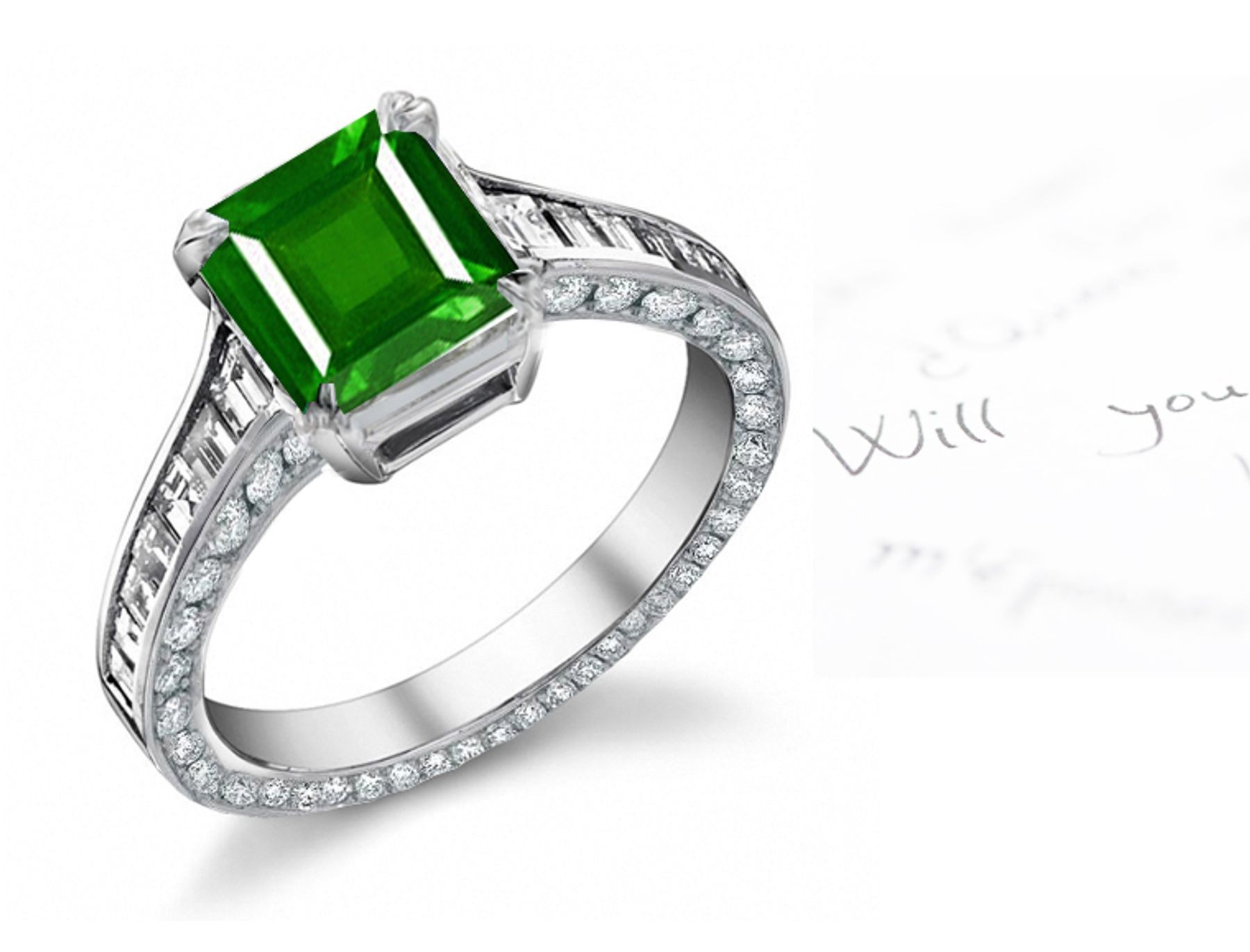Choice Assortment: Graceful Princess Cut Emerald & Baguette Diamond Halo Ring in 14k 18k White Gold 