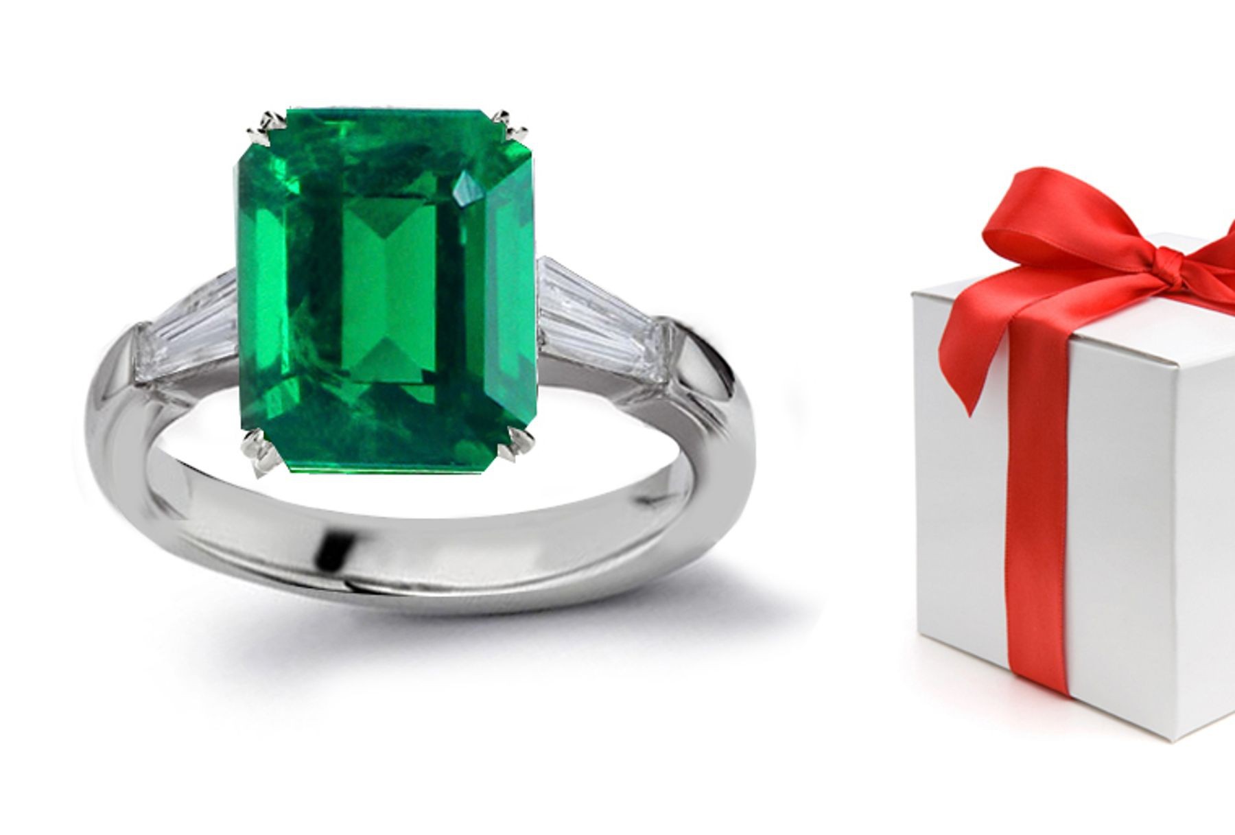 Reveal The Truth: 3 Stone Emerald Cut Emerald & Baguette Diamond Platinum Ring