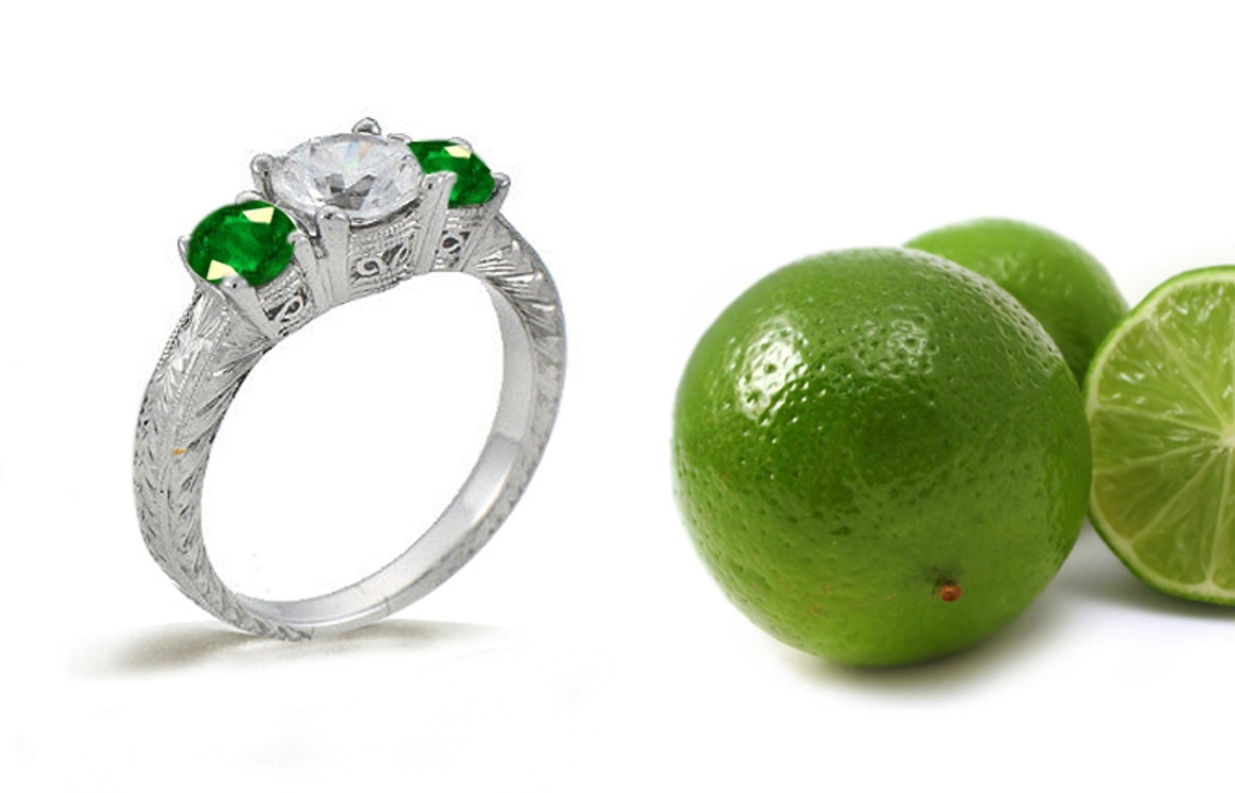 Antiquity: Three Stone Emerald & Diamond 3 Stone Gold Engagement Ring