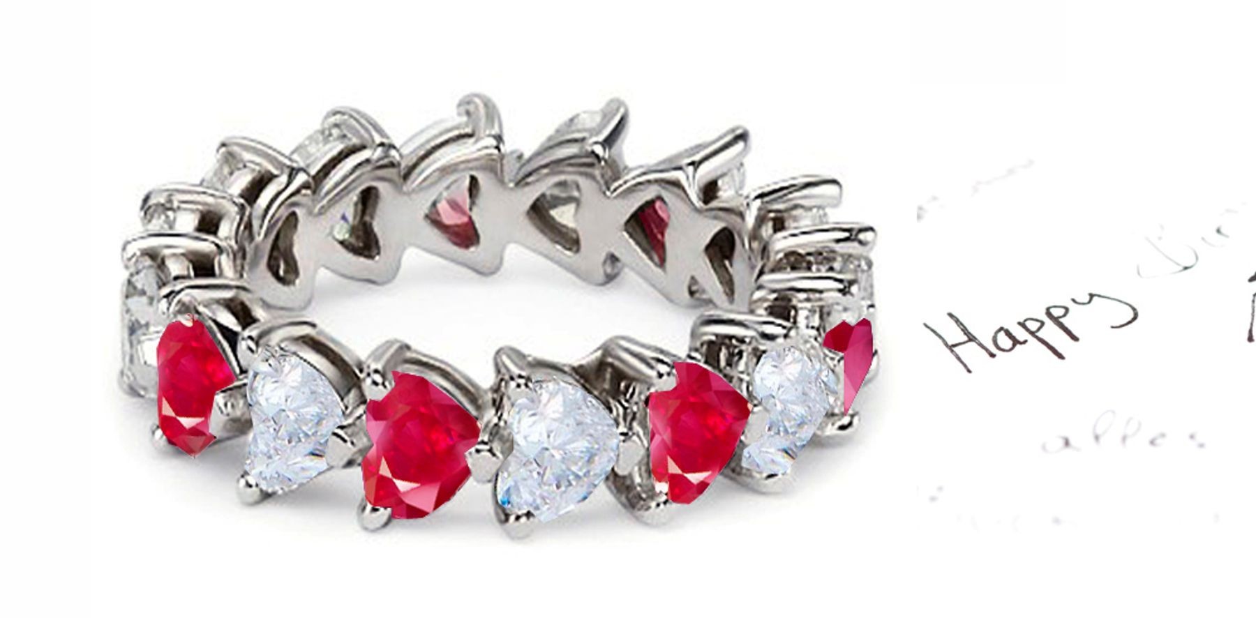 Heart Shaped Diamond Prong Set Diamond & Red Ruby Eternity Rings in Gold