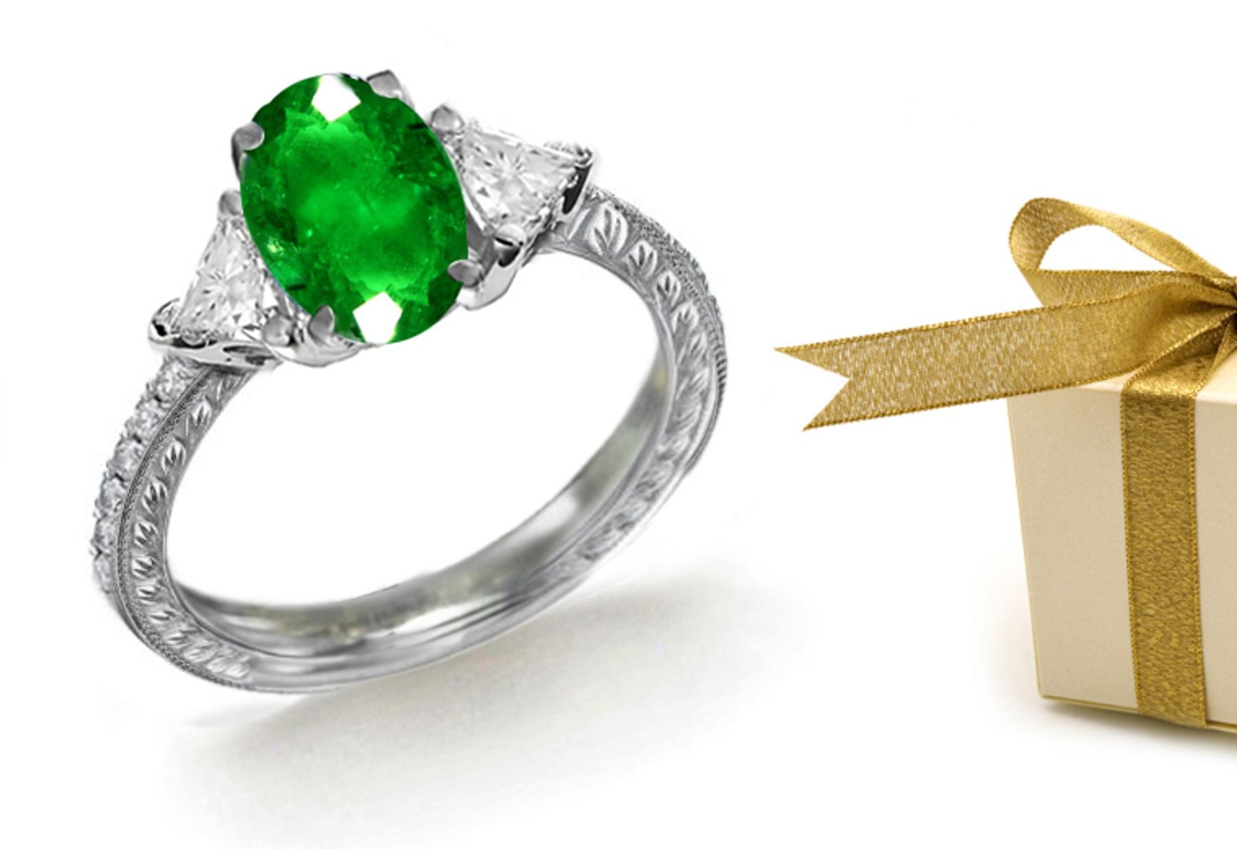 Three-stone Diamond Rings:Trillion Diamond & Oval Emerald Three Stone Anniversary Ring