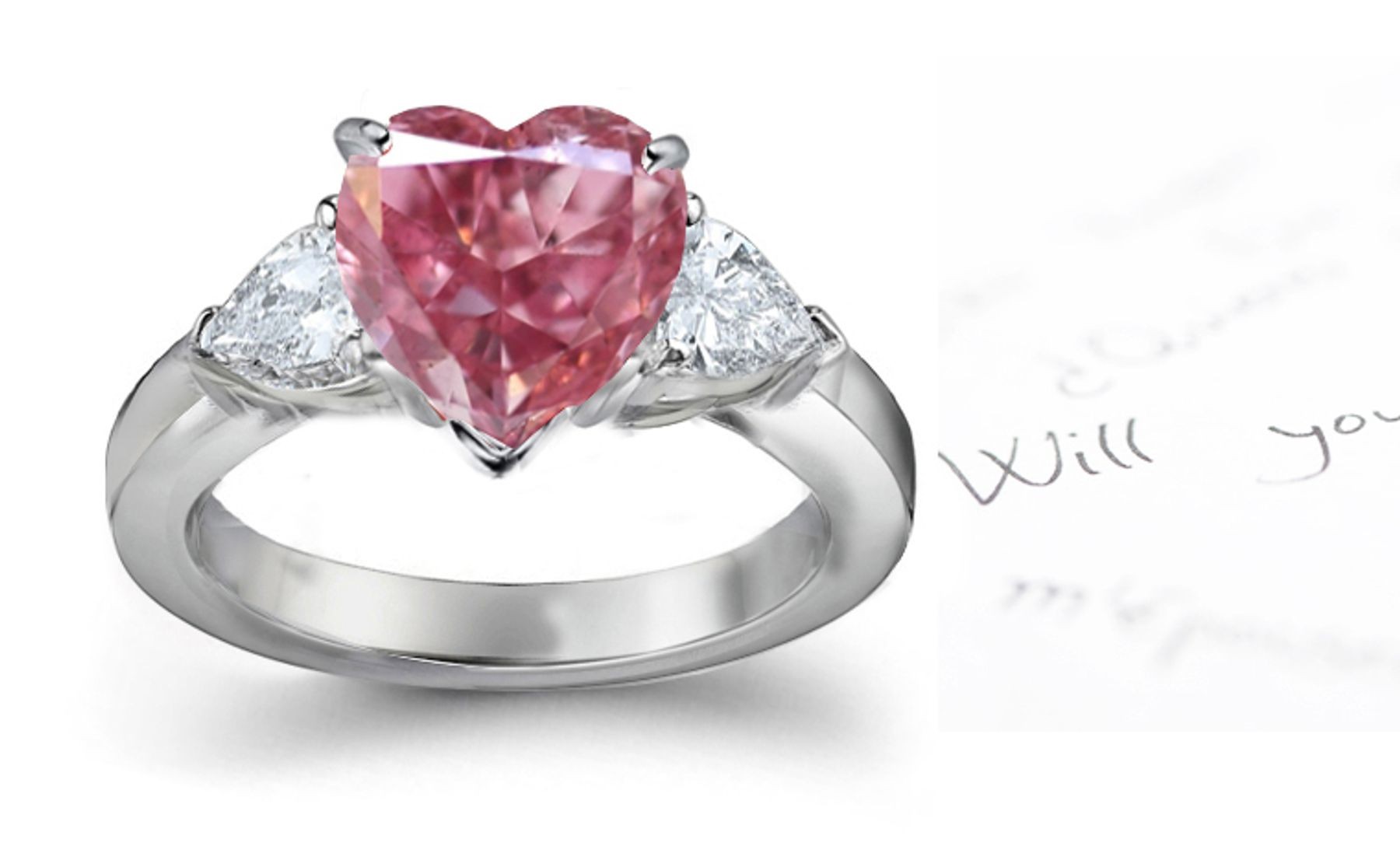 Twinkling Center Heart Pink Diamond & Pear Shape Side Diamond Accents Engagement Ring in Pink Gold