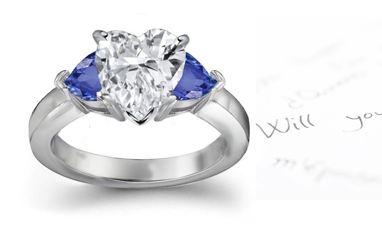 Luminous & More Intense: 3 Stone Heart Diamond & Heart Fine Blue Sapphire Heart Shape Engagement Ring in Sun Gold