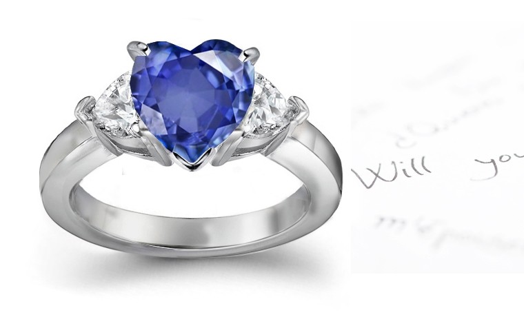 Dark Velvety & Intense Blue: 3 Stone Heart Fine Blue Sapphire & Heart Shaped Diamond Ring in Platinum & Moon Lit Gold
