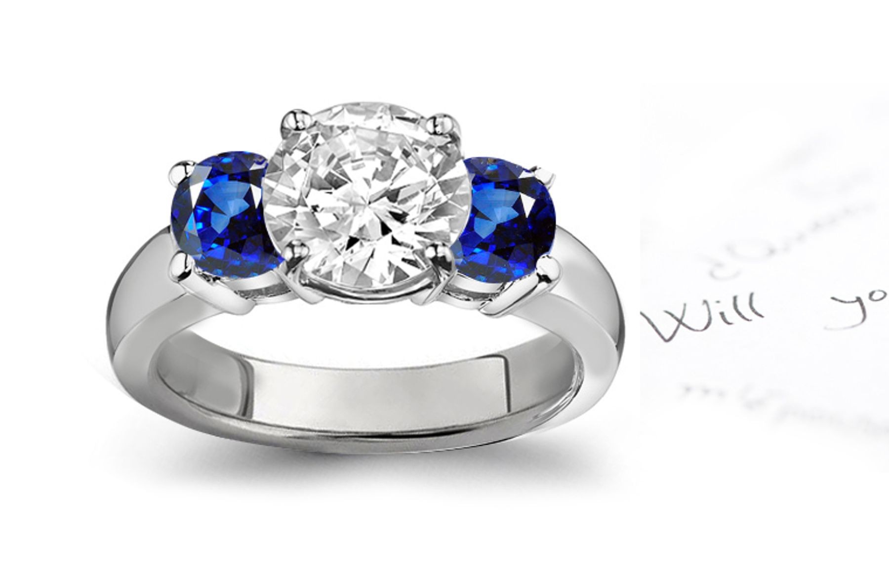 Ceylon Blue Sapphire Diamond Engagement Rings: Platinum Ring with Round Diamond & Sapphires Prong Set.