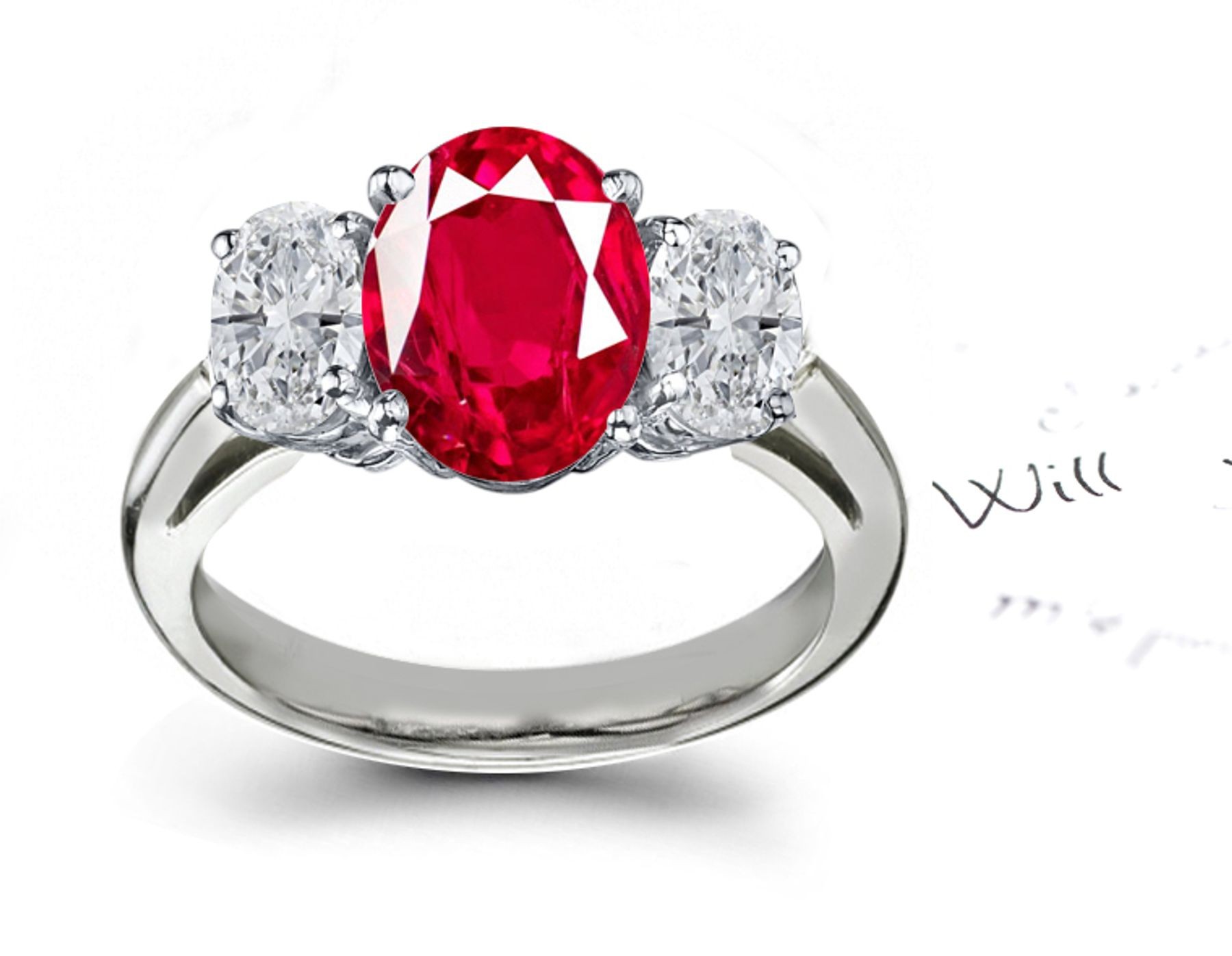 Siam Red Ruby Diamond Engagement Rings: Platinum engagement ring with oval ruby and sumptuous two round brilliant diamonds.