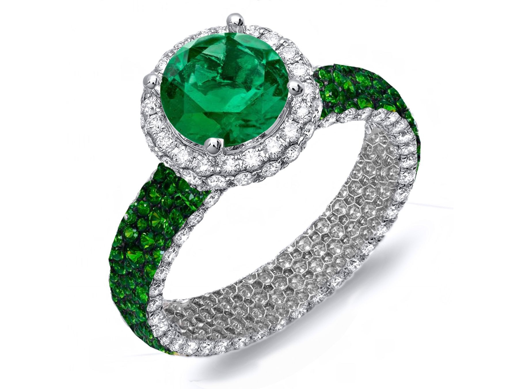 Made To Order Rings With French Pave Halo Brilliant Cut Round Diamonds & Emeralds