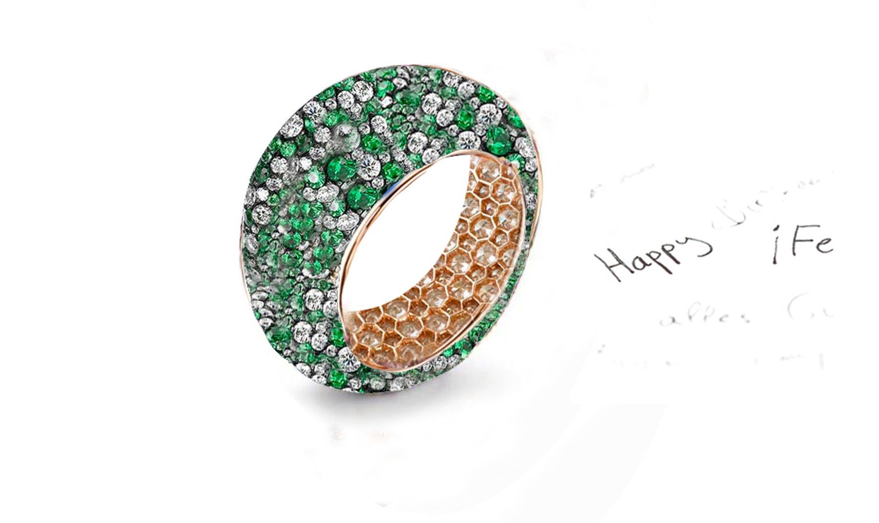 Made To Order Eternity Band Rings Featuring High Quality Diamonds & Green Emeralds